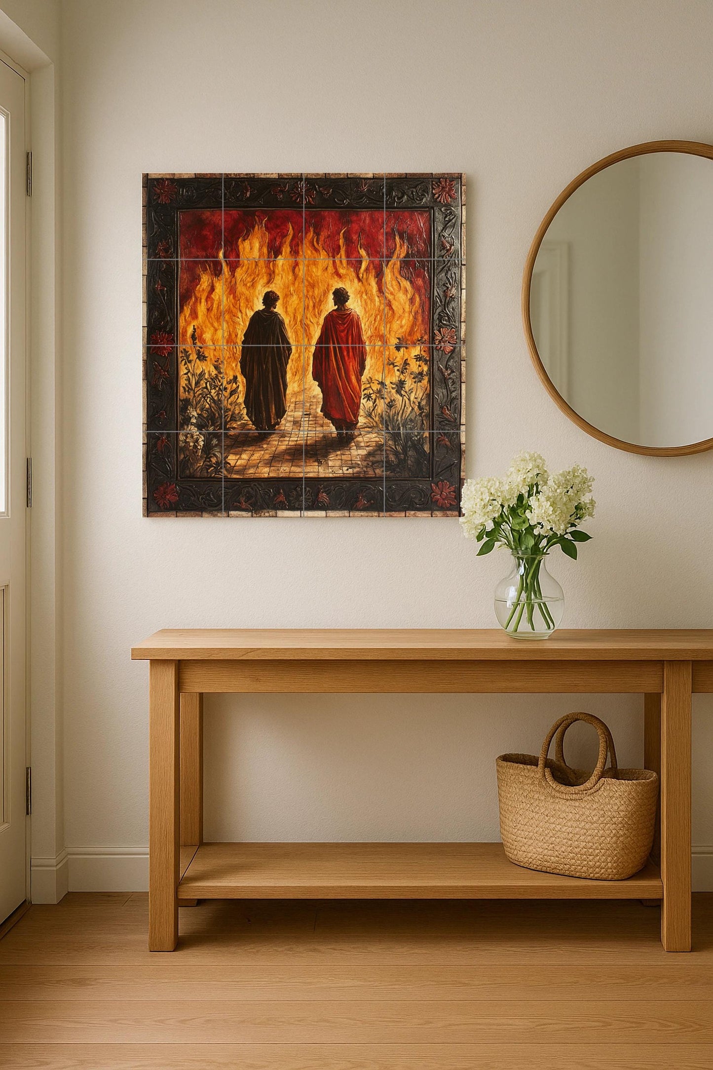 Ceramic mural of Dante and Virgil's Inferno: Gothic floral frame with flames and shadows, spectacular fresco-style tile artwork for collectors.