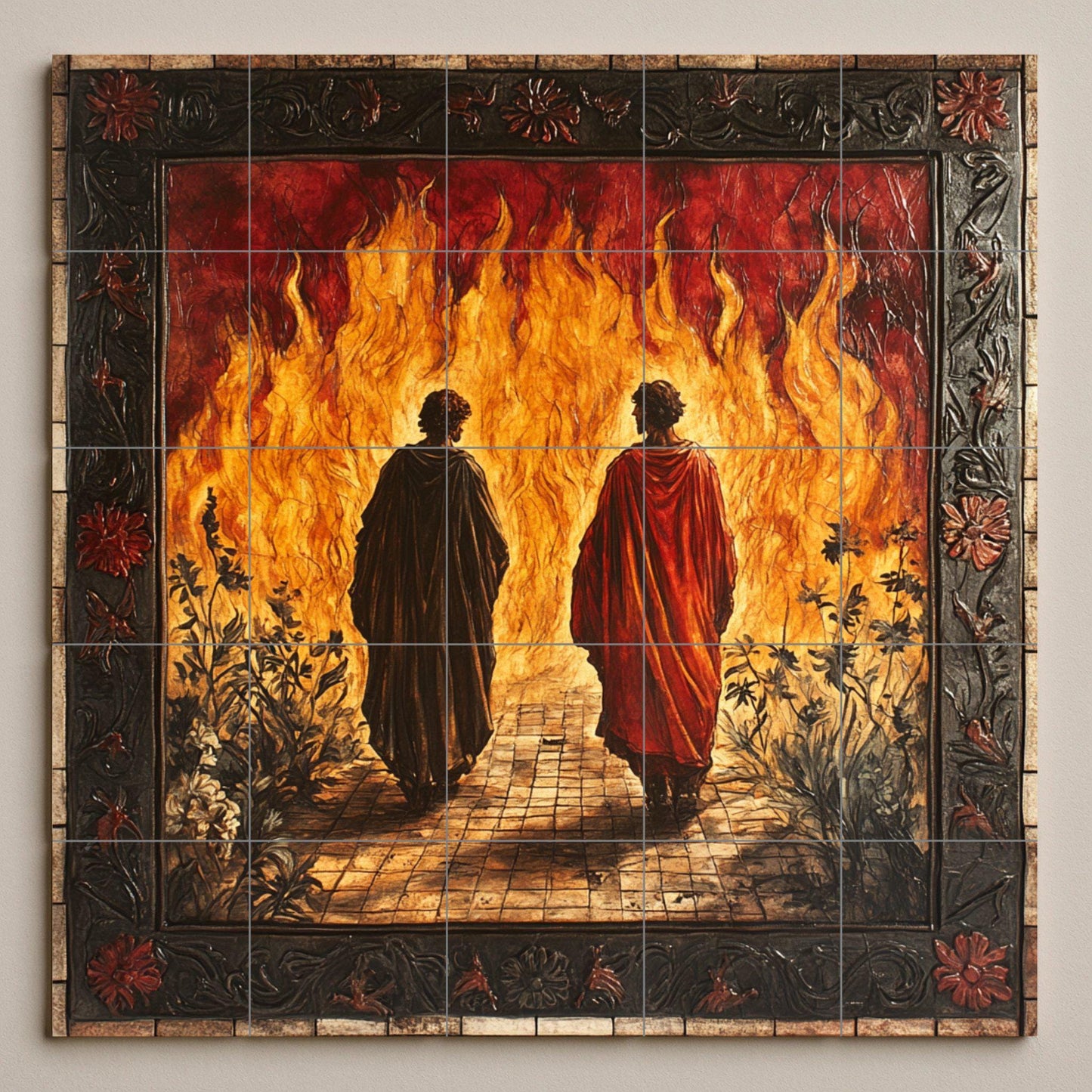 Ceramic mural of Dante and Virgil's Inferno: Gothic floral frame with flames and shadows, spectacular fresco-style tile artwork for collectors.