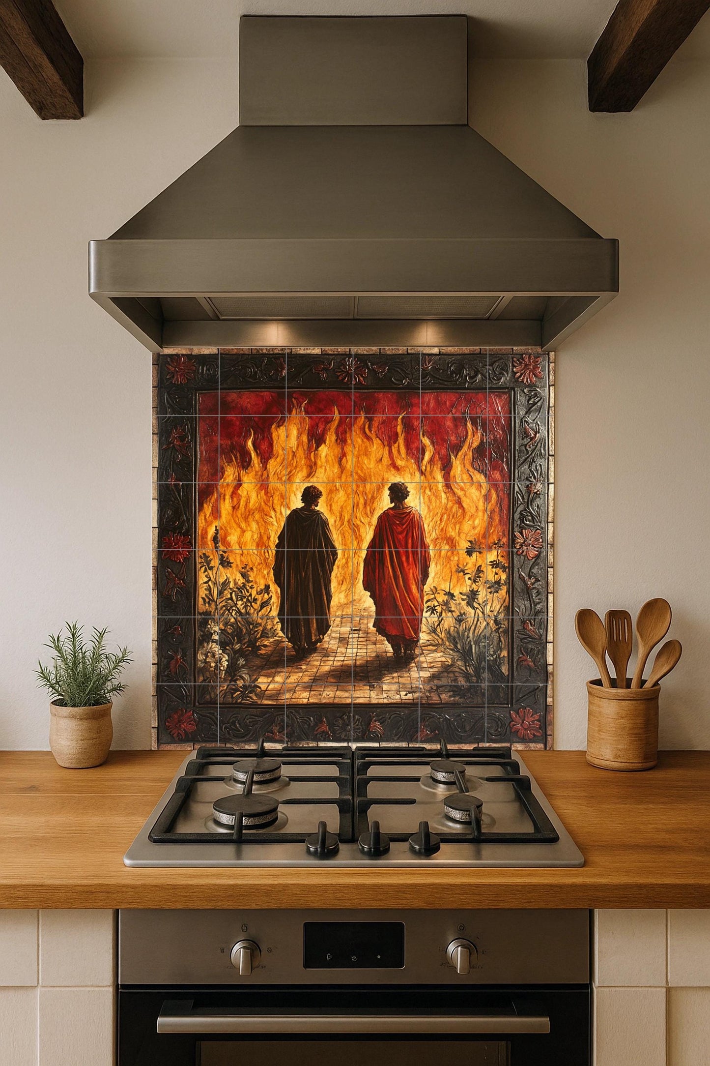 Ceramic mural of Dante and Virgil's Inferno: Gothic floral frame with flames and shadows, spectacular fresco-style tile artwork for collectors.