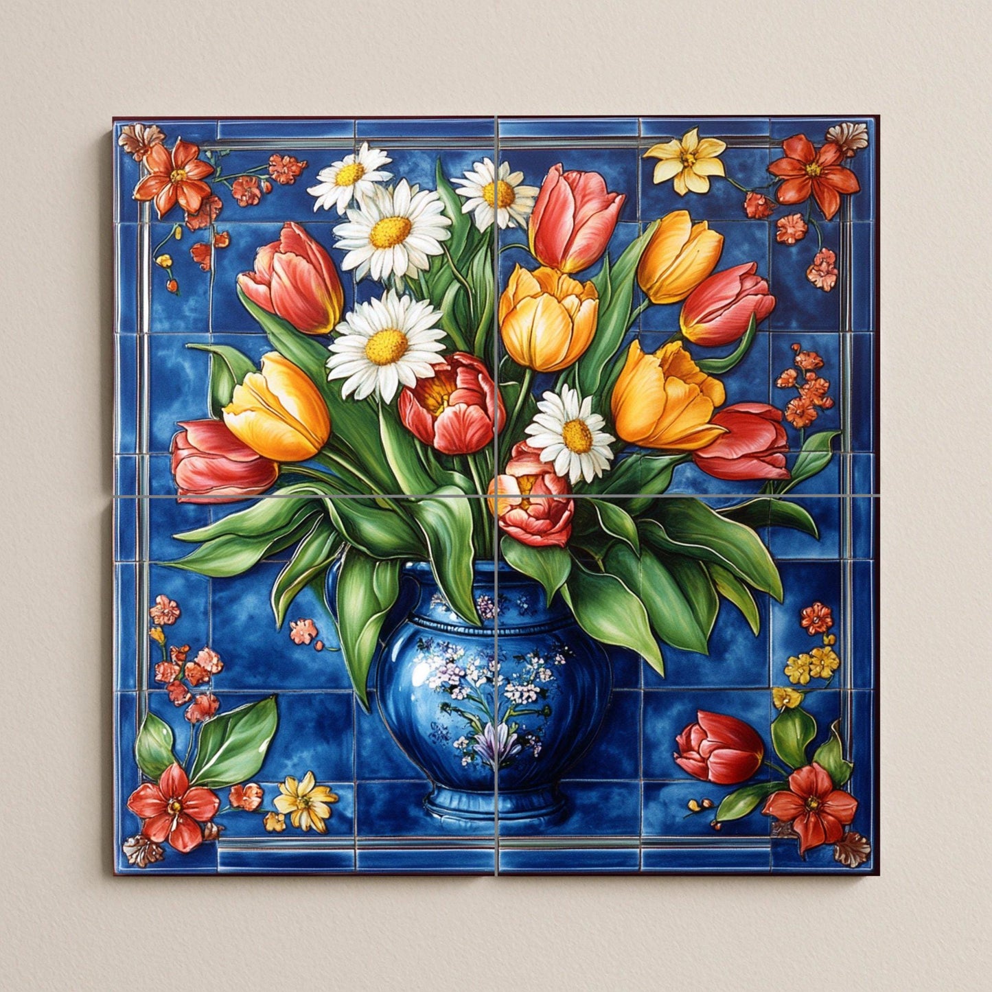 Ceramic mural of tulips and daisies: vibrant blue background with a colorful vase. Handmade decorative tile for elegant walls.