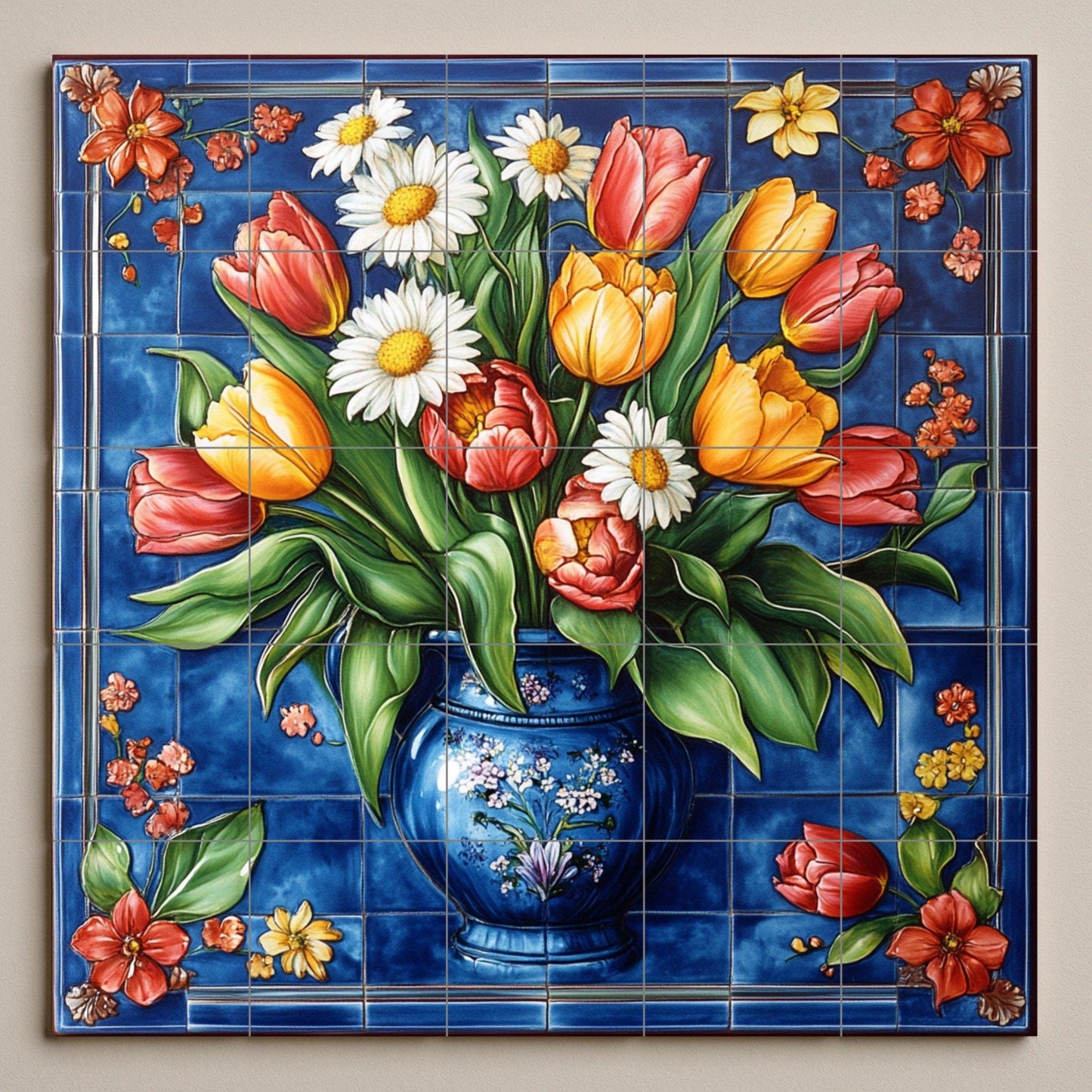 Ceramic mural of tulips and daisies: vibrant blue background with a colorful vase. Handmade decorative tile for elegant walls.