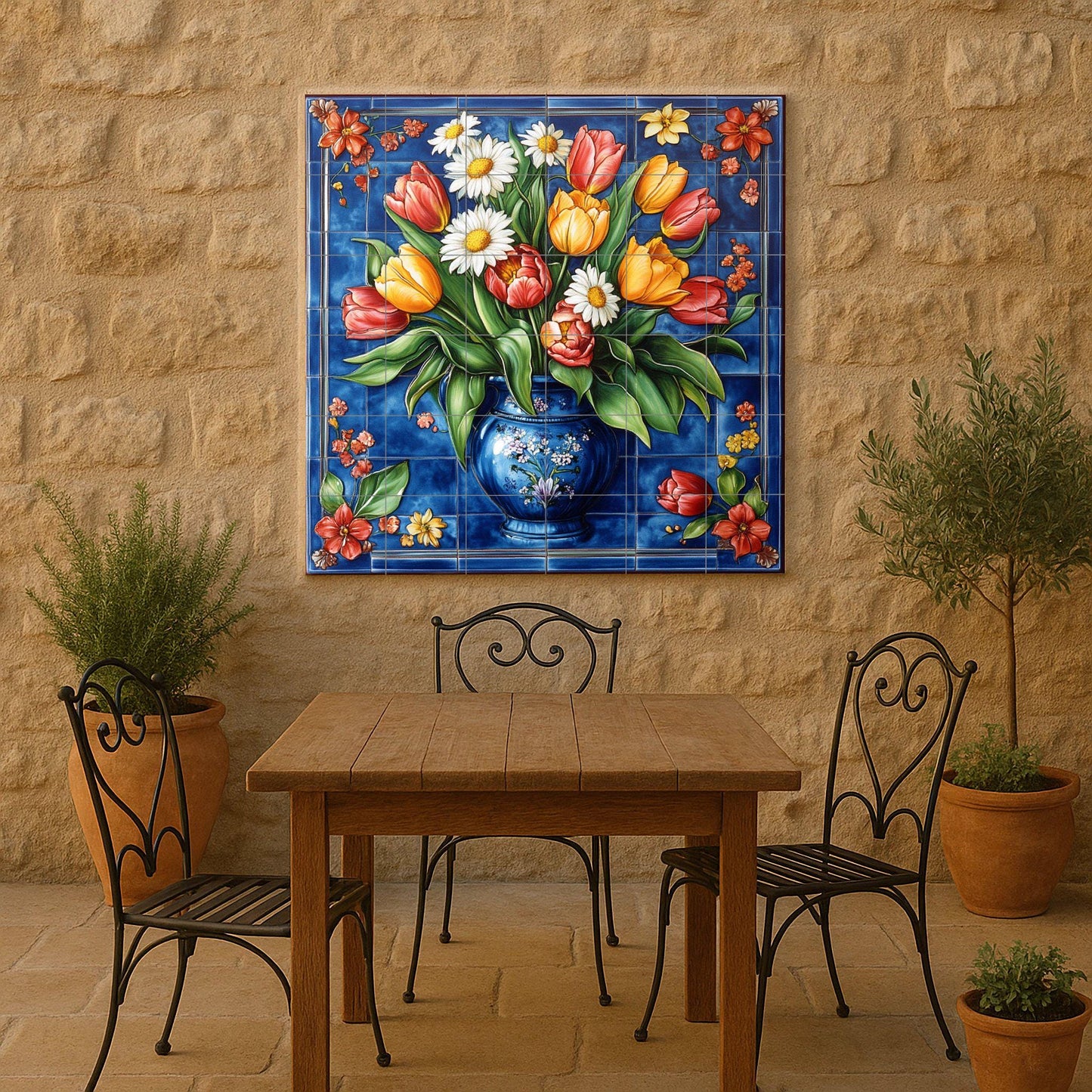 Ceramic mural of tulips and daisies: vibrant blue background with a colorful vase. Handmade decorative tile for elegant walls.