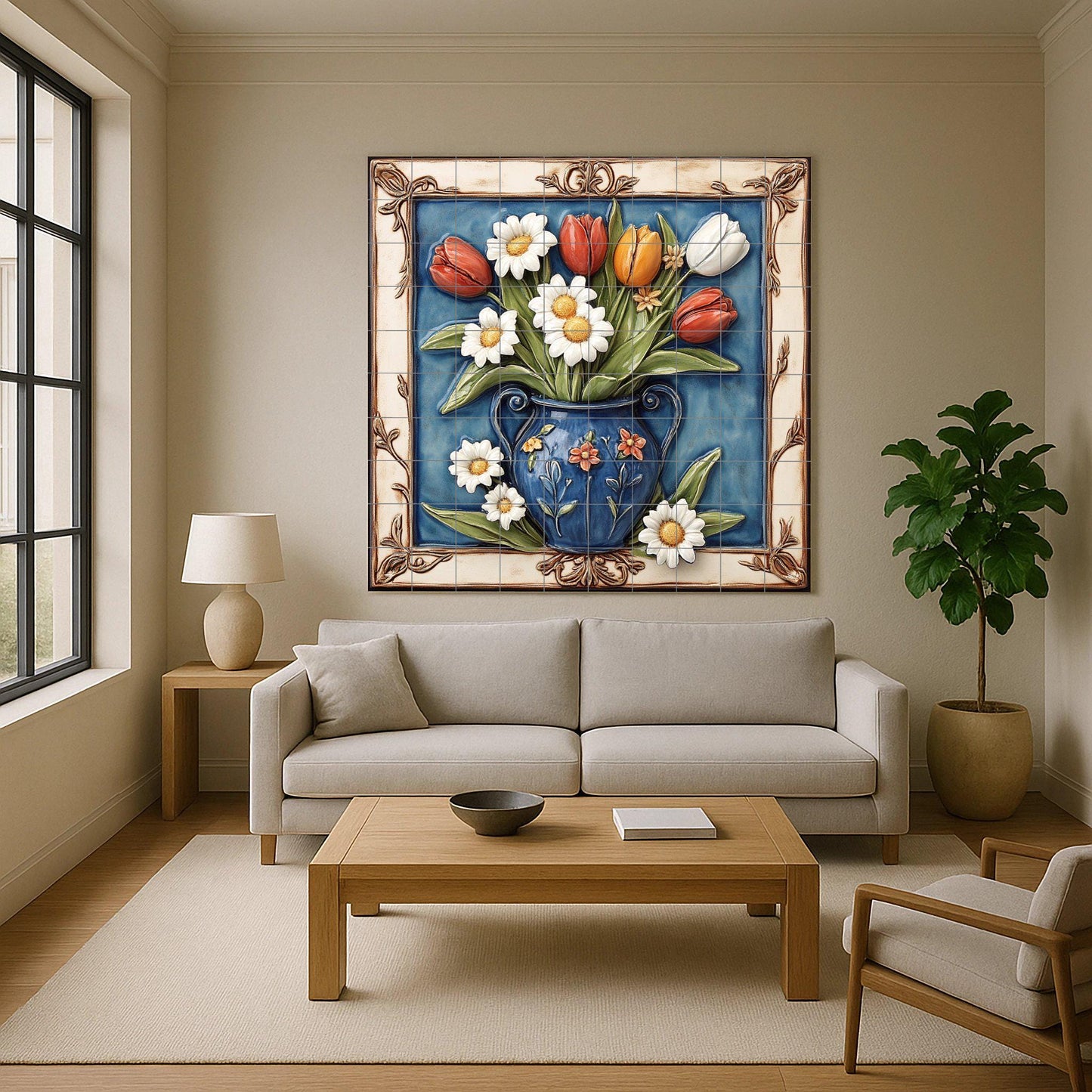 Ceramic mural of tulips and daisies: colorful floral bouquet in a blue vase, elegant decorative tile panel, handcrafted Mediterranean wall art.
