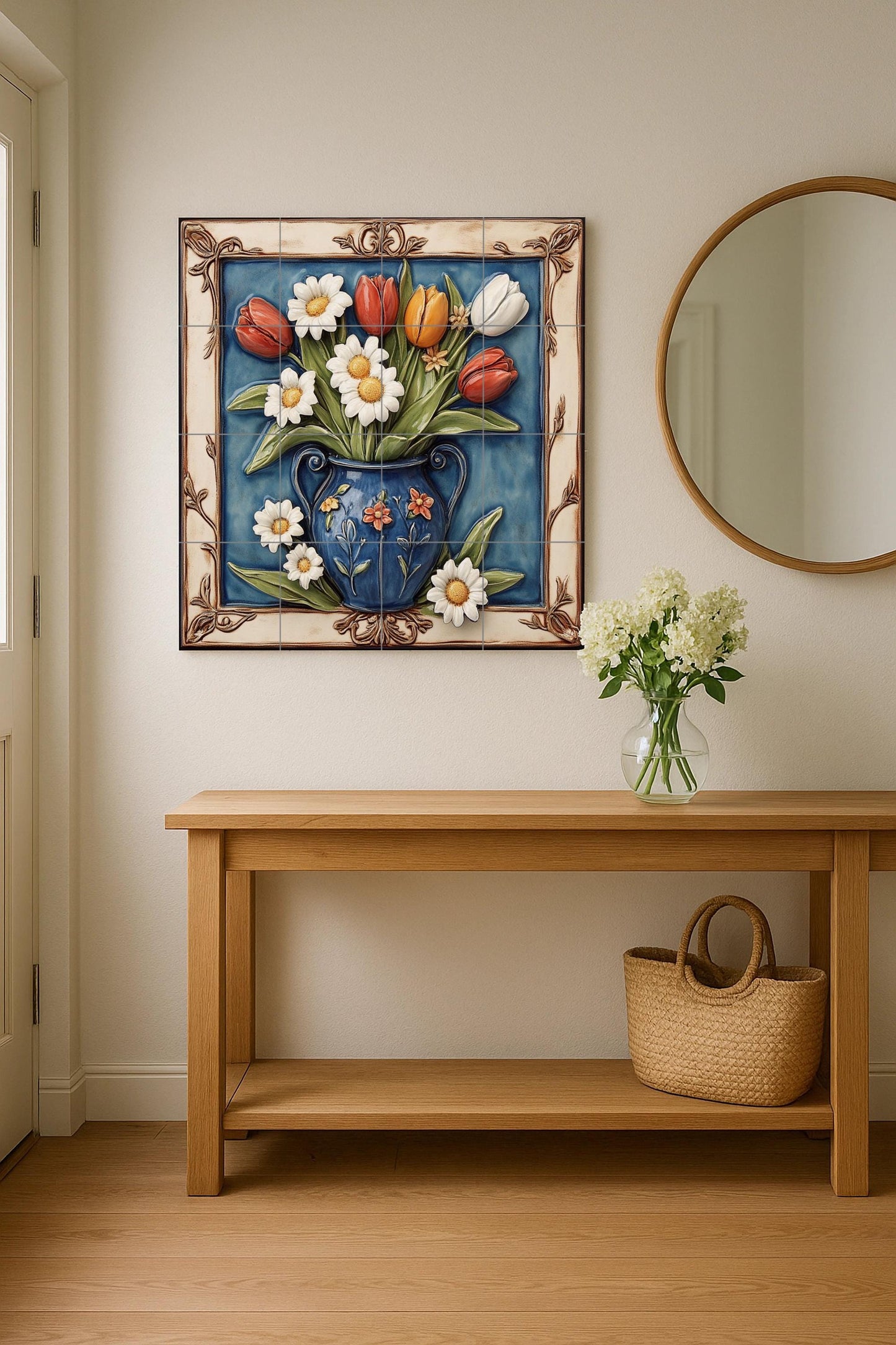 Ceramic mural of tulips and daisies: colorful floral bouquet in a blue vase, elegant decorative tile panel, handcrafted Mediterranean wall art.