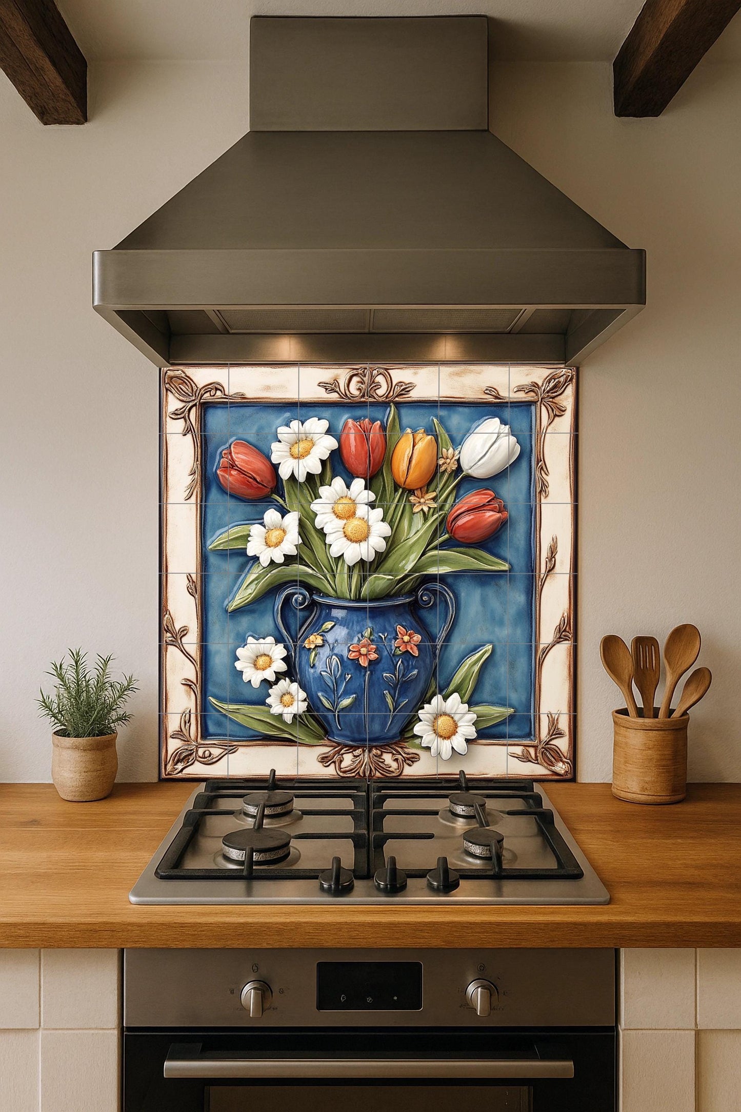 Ceramic mural of tulips and daisies: colorful floral bouquet in a blue vase, elegant decorative tile panel, handcrafted Mediterranean wall art.
