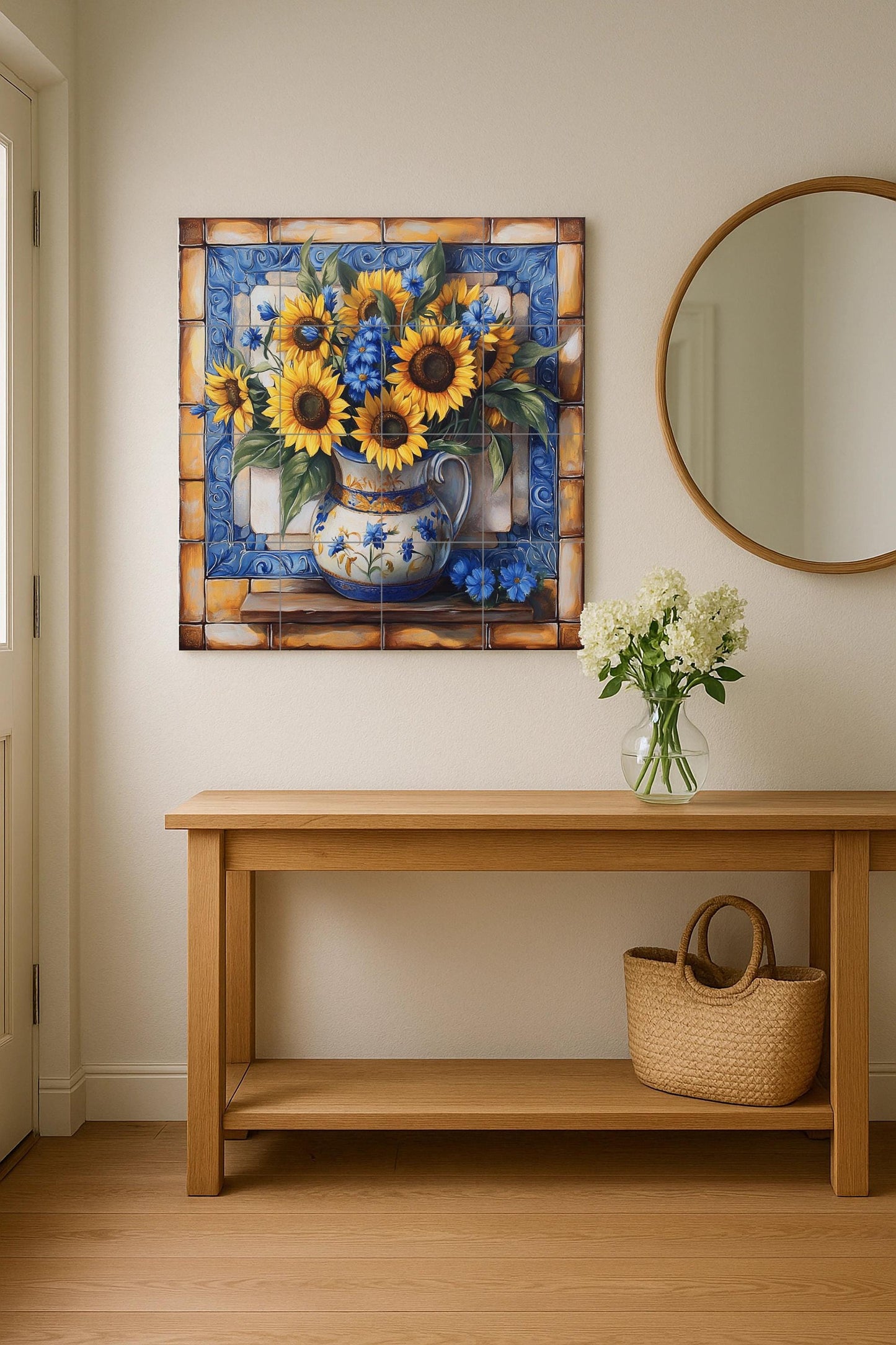 Ceramic sunflower mural: hand-painted tile panel with blue floral details, rustic vase artwork, Mediterranean decorative wall art.