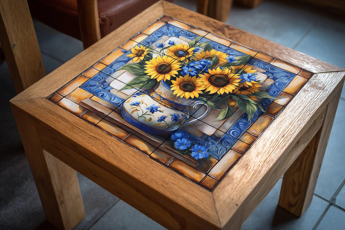 Ceramic sunflower mural: hand-painted tile panel with blue floral details, rustic vase artwork, Mediterranean decorative wall art.