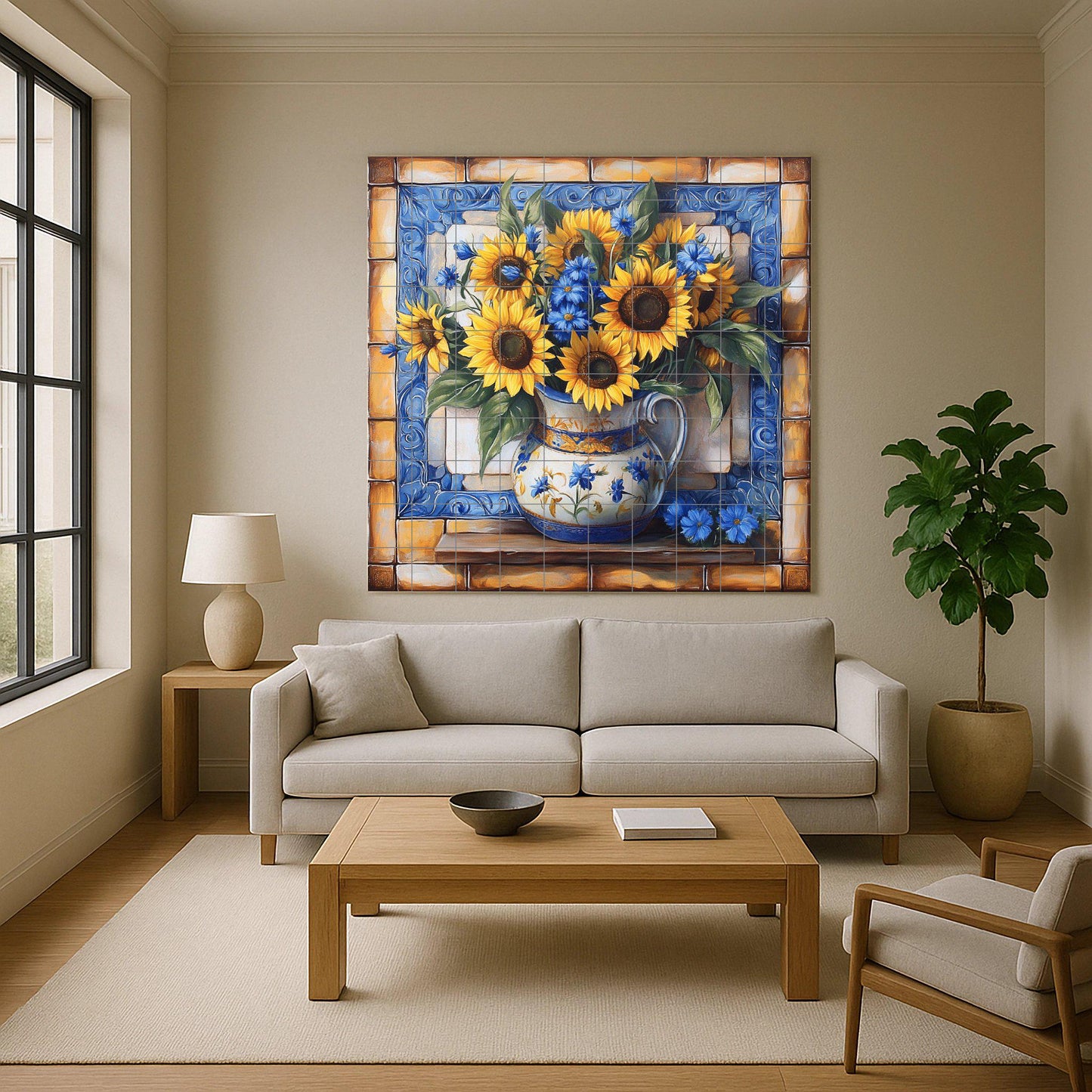 Ceramic sunflower mural: hand-painted tile panel with blue floral details, rustic vase artwork, Mediterranean decorative wall art.