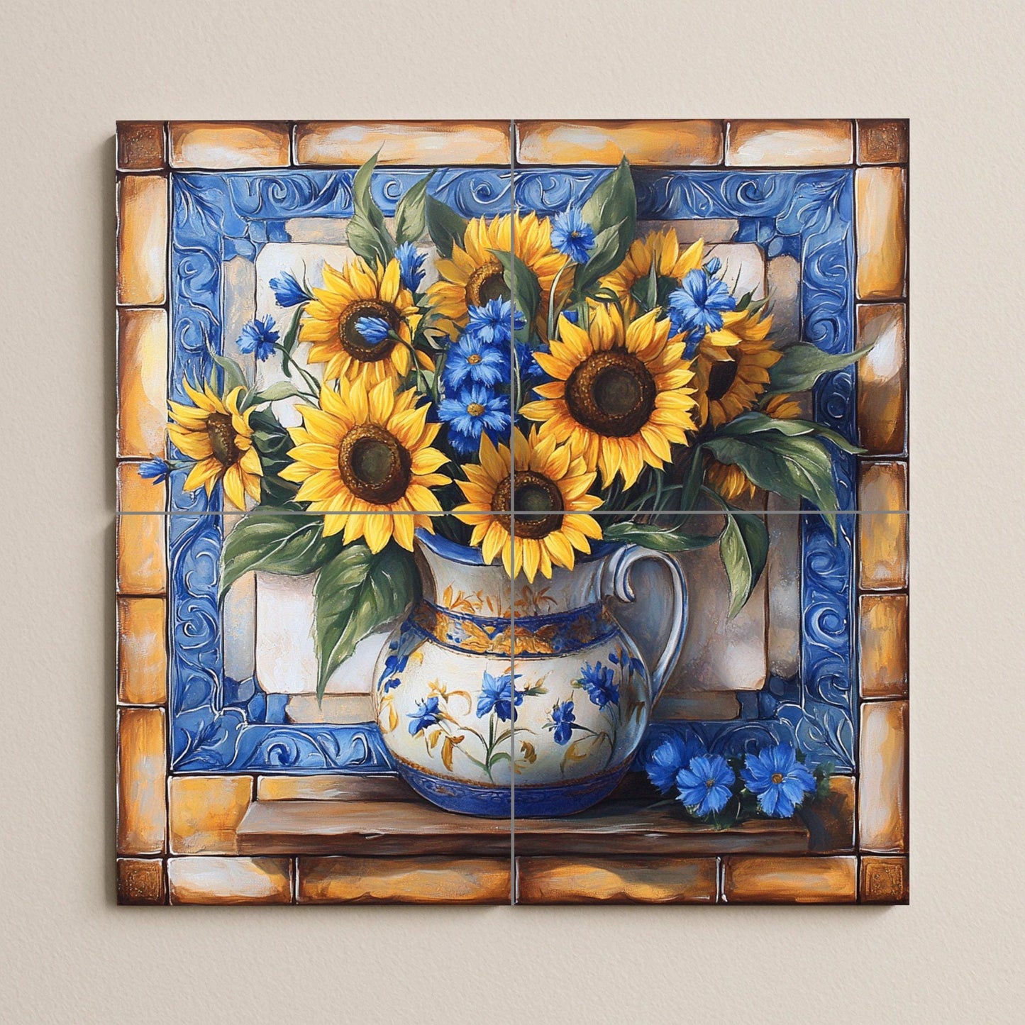 Ceramic sunflower mural: hand-painted tile panel with blue floral details, rustic vase artwork, Mediterranean decorative wall art.