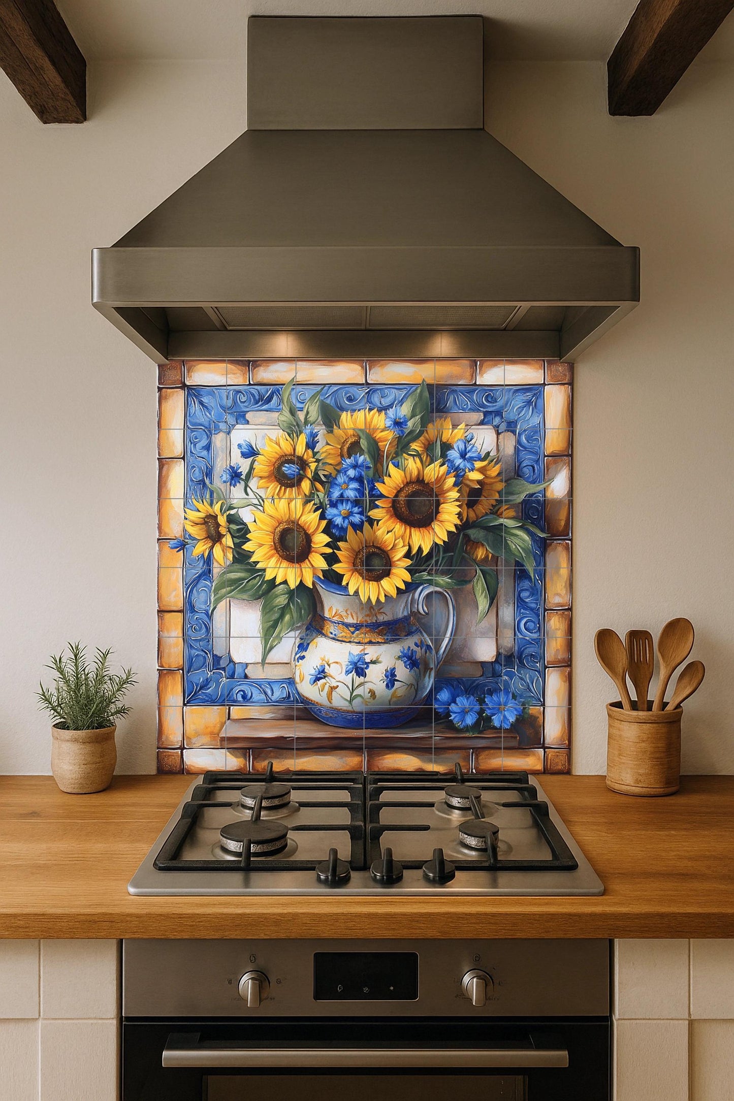Ceramic sunflower mural: hand-painted tile panel with blue floral details, rustic vase artwork, Mediterranean decorative wall art.