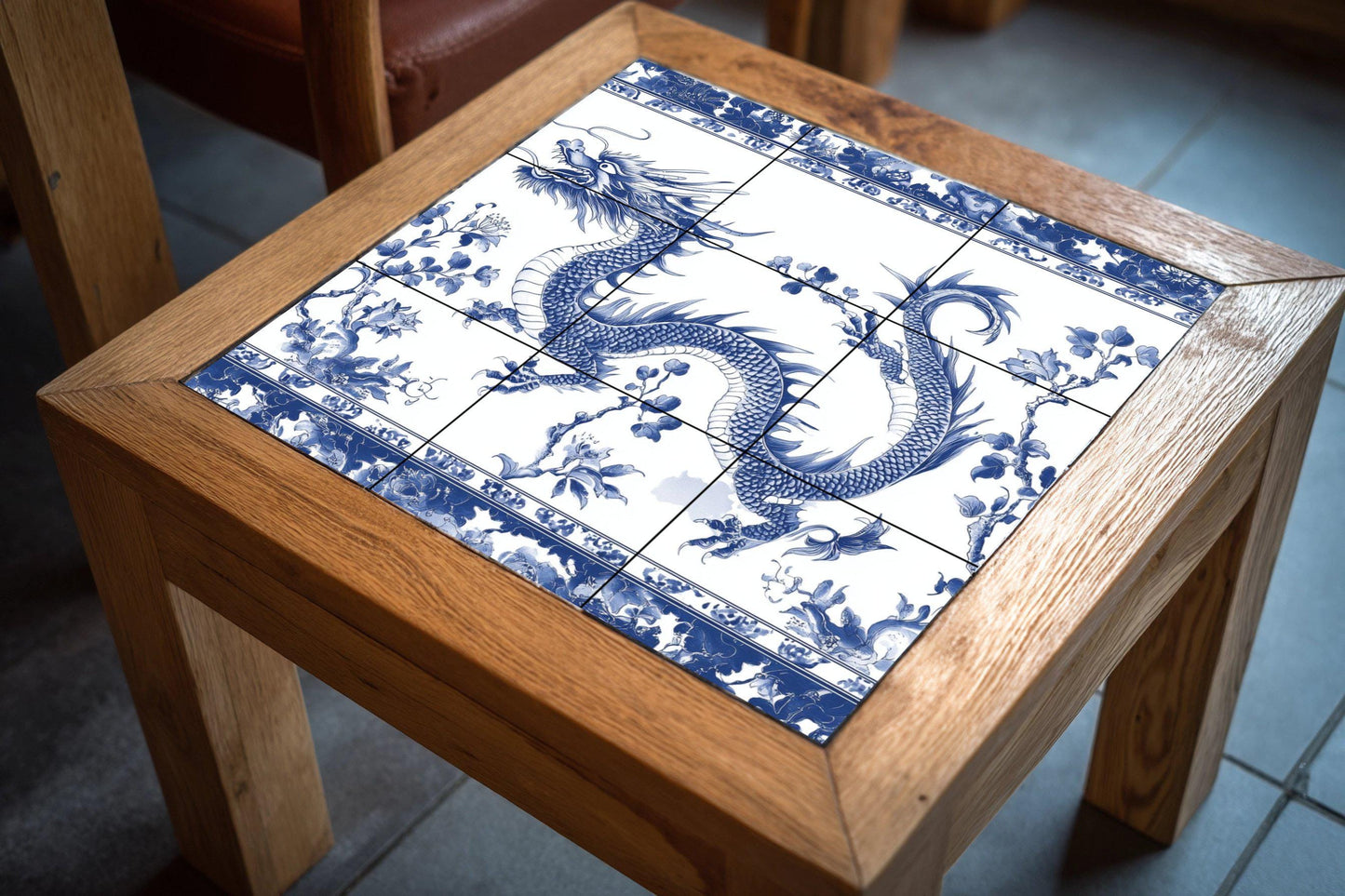 Chinese Blue Dragon Ceramic Mural: Oriental Porcelain Wall Art, Mythical Snake with Floral Motifs, Indigo Decorative Tiles