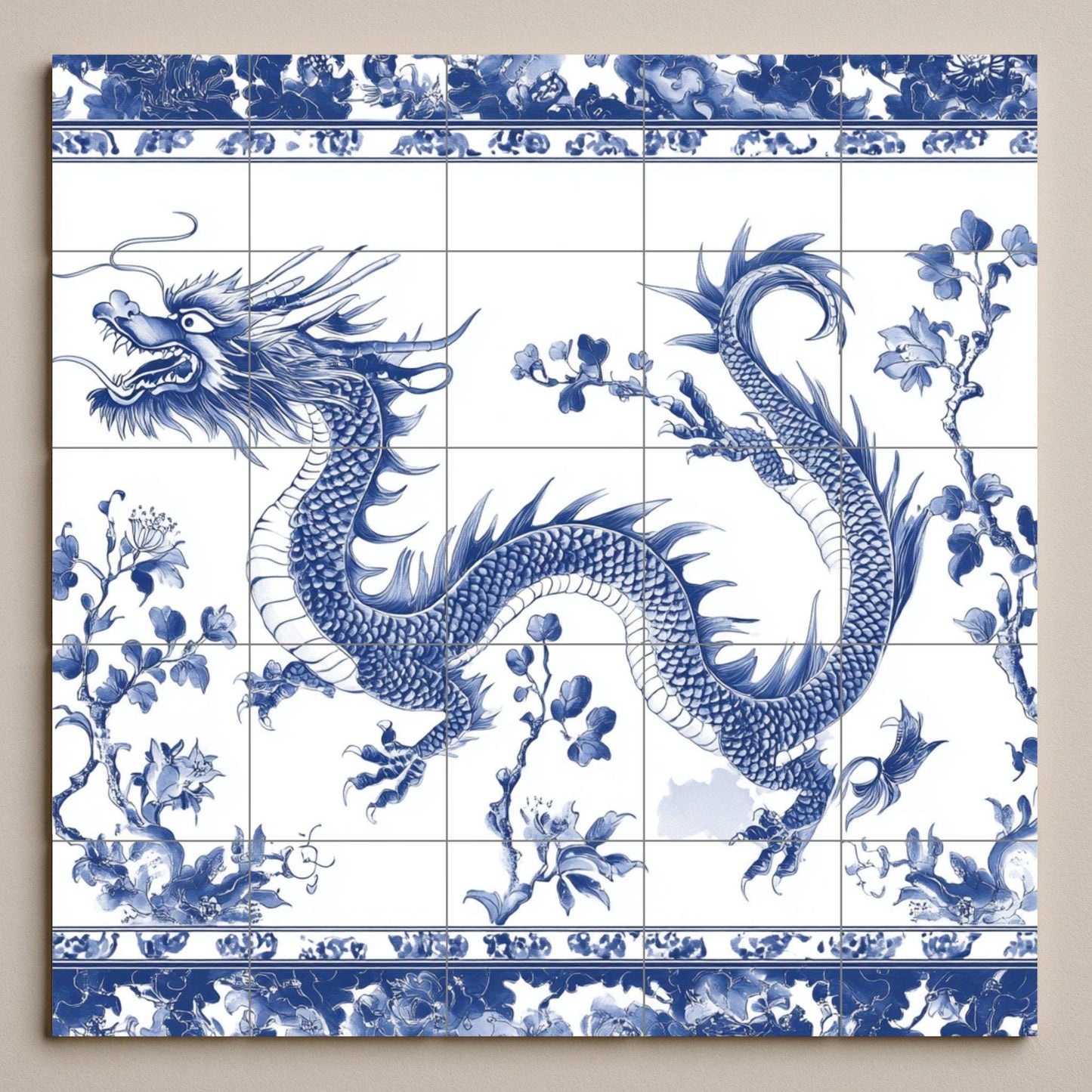 Chinese Blue Dragon Ceramic Mural: Oriental Porcelain Wall Art, Mythical Snake with Floral Motifs, Indigo Decorative Tiles