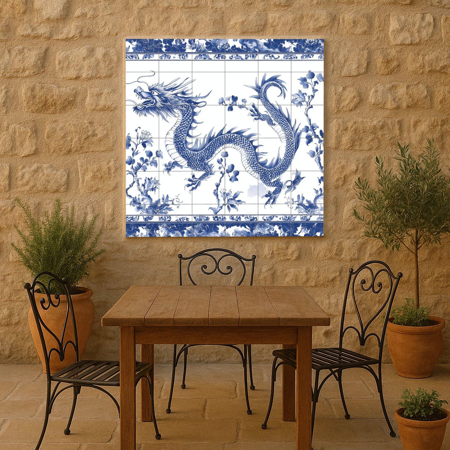 Chinese Blue Dragon Ceramic Mural: Oriental Porcelain Wall Art, Mythical Snake with Floral Motifs, Indigo Decorative Tiles