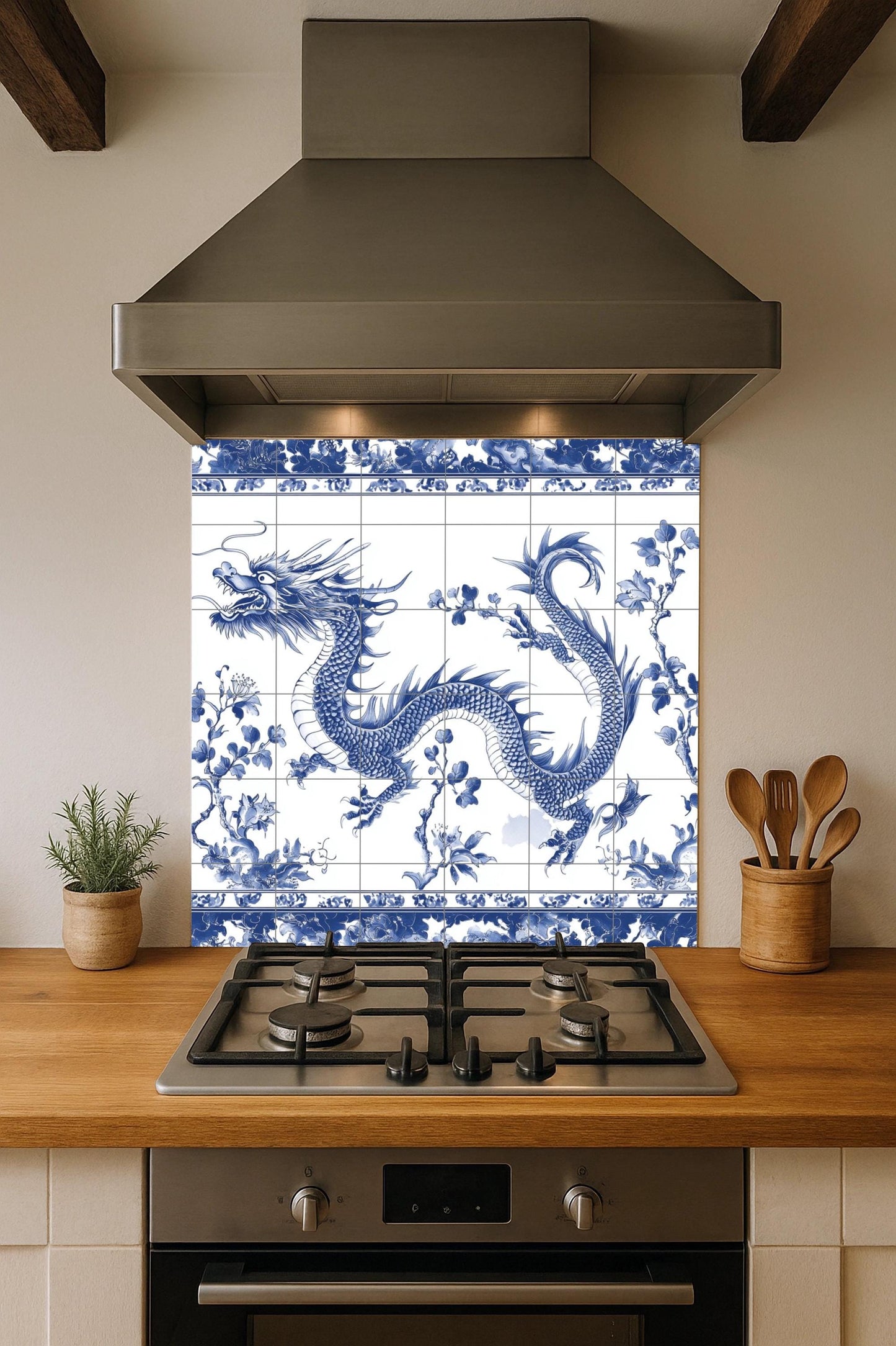 Chinese Blue Dragon Ceramic Mural: Oriental Porcelain Wall Art, Mythical Snake with Floral Motifs, Indigo Decorative Tiles
