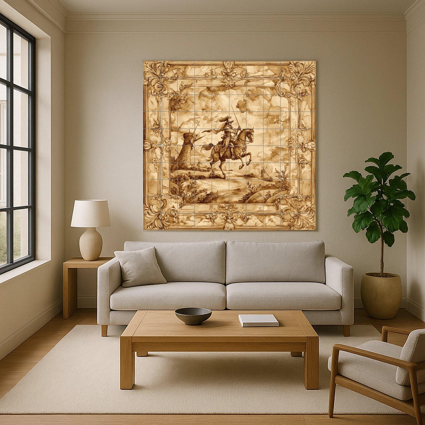 Sepia ceramic mural of Don Quixote: ornate baroque frame, windmill landscape, classic horseman artwork, vintage tile decoration