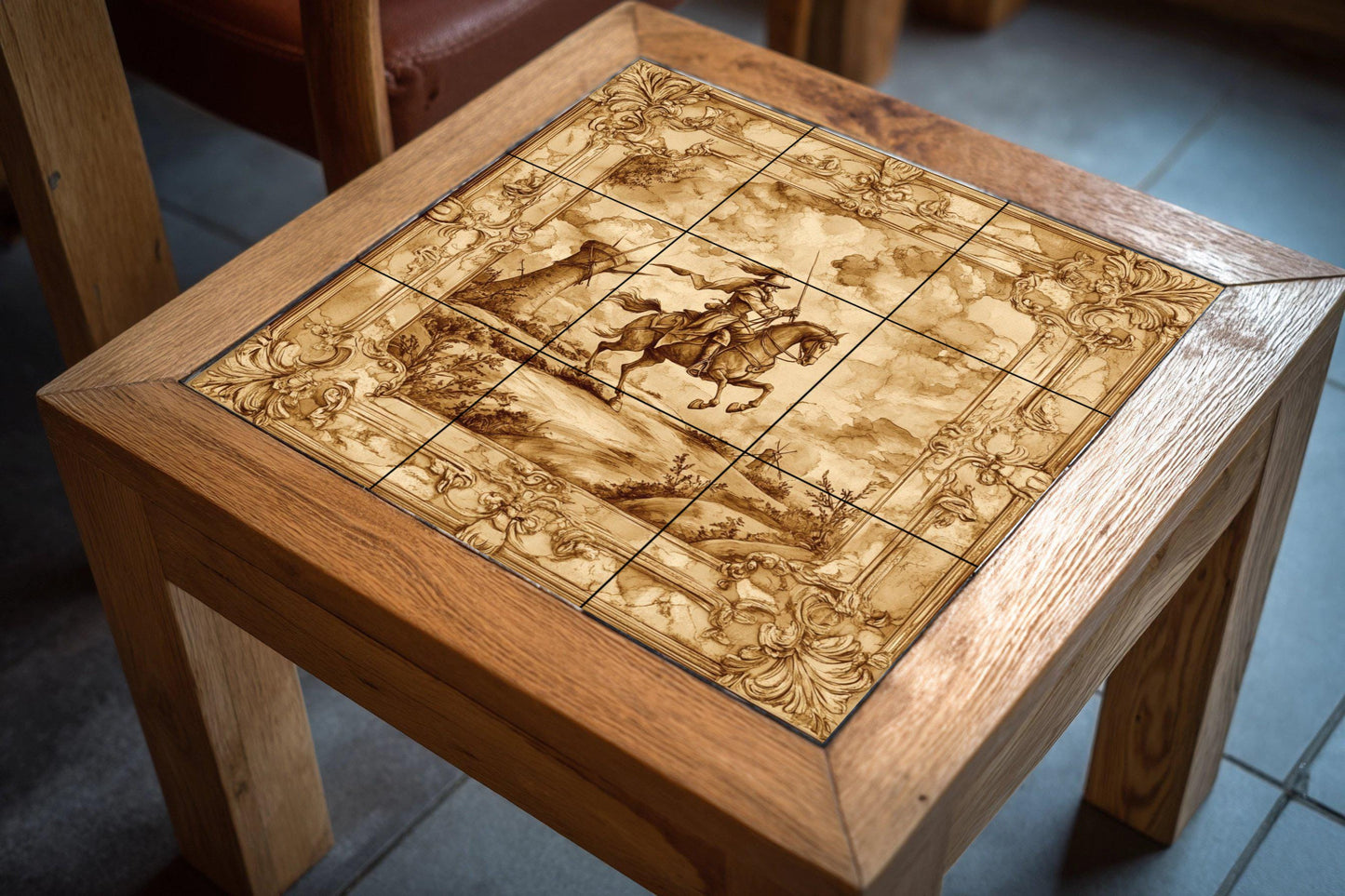 Sepia ceramic mural of Don Quixote: ornate baroque frame, windmill landscape, classic horseman artwork, vintage tile decoration
