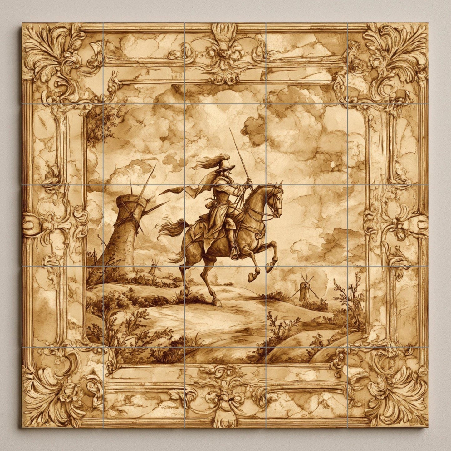 Sepia ceramic mural of Don Quixote: ornate baroque frame, windmill landscape, classic horseman artwork, vintage tile decoration