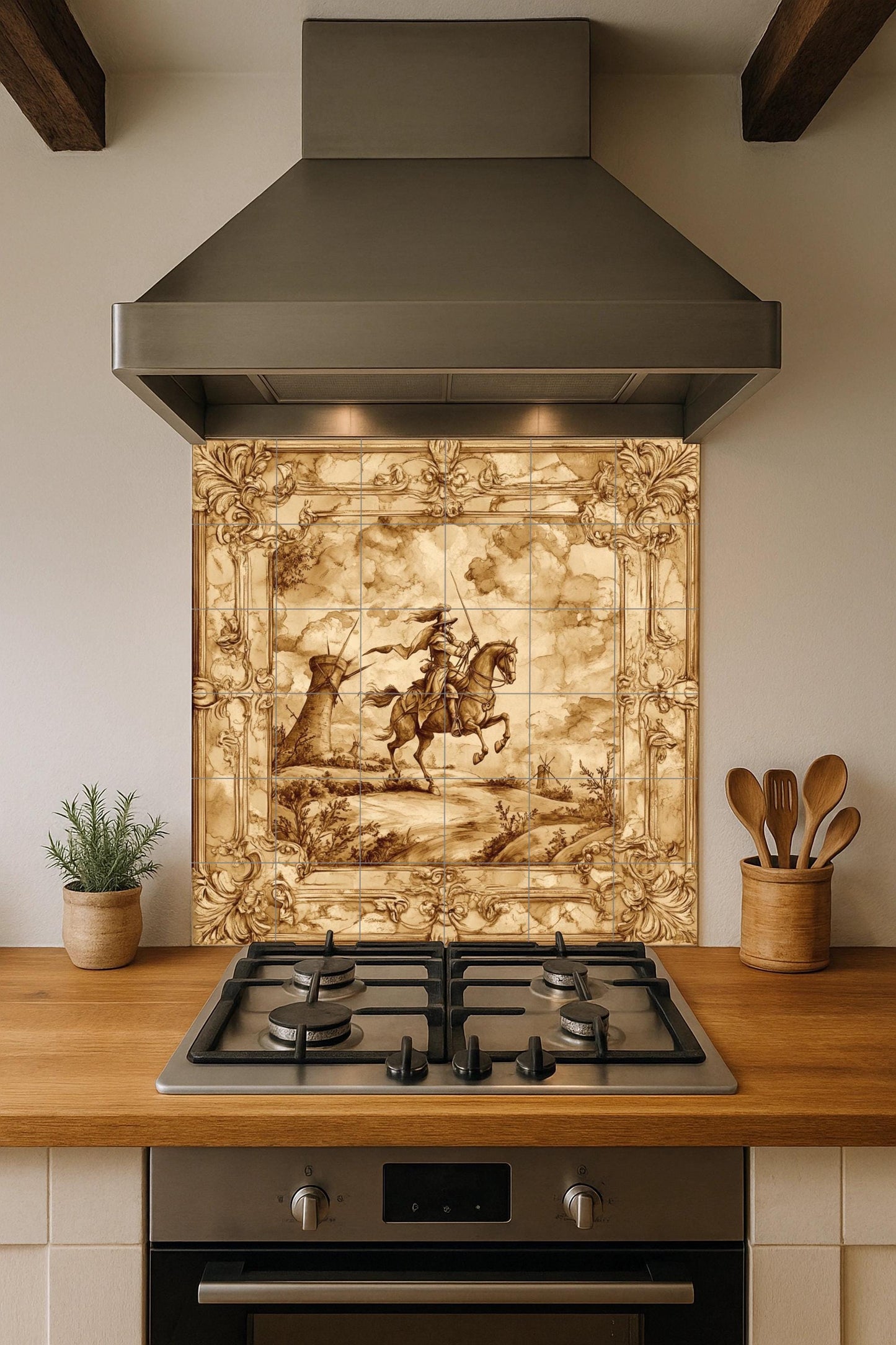 Sepia ceramic mural of Don Quixote: ornate baroque frame, windmill landscape, classic horseman artwork, vintage tile decoration
