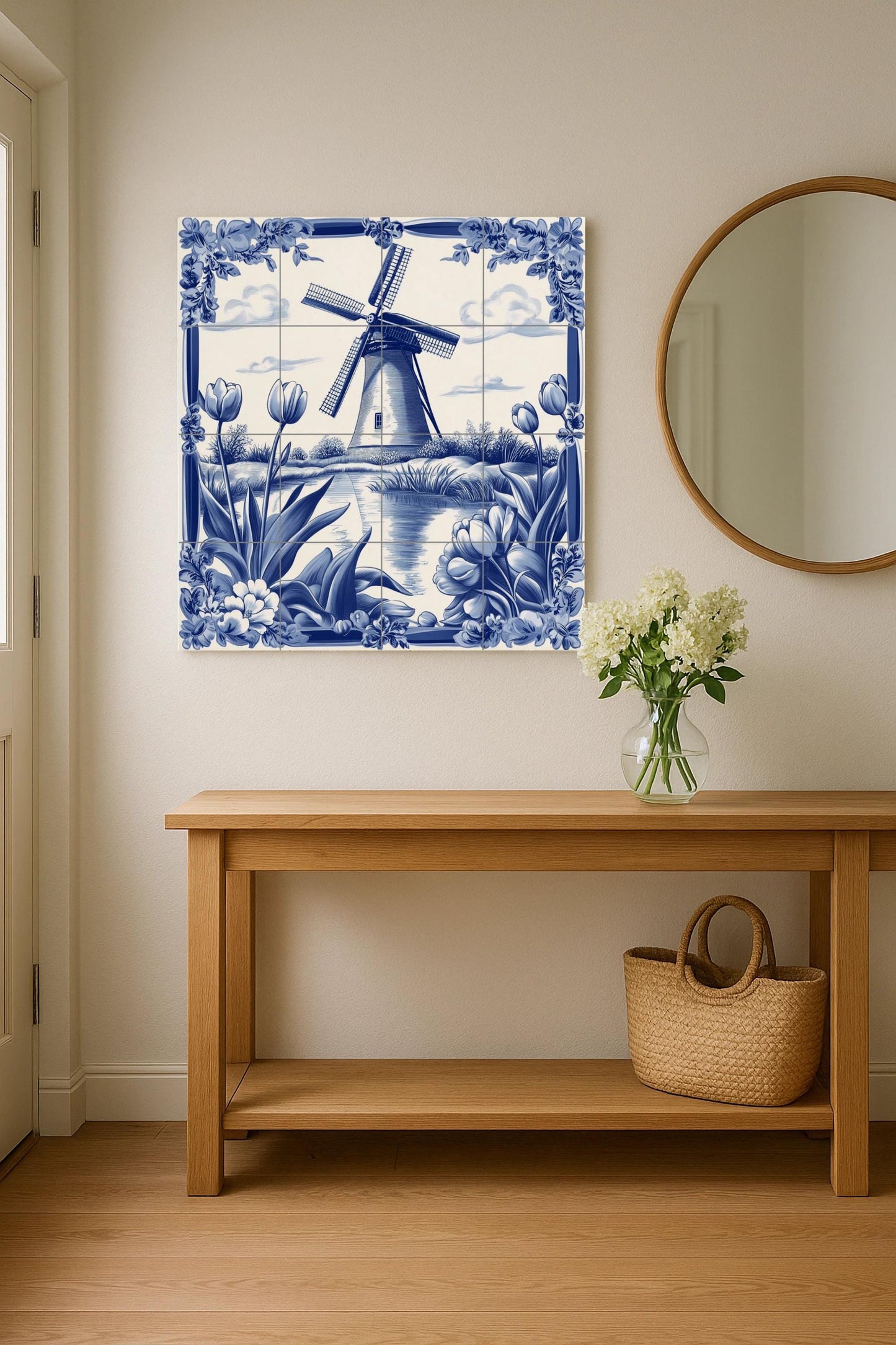 Dutch Delft blue ceramic mural: windmill and tulip scene with traditional floral borders