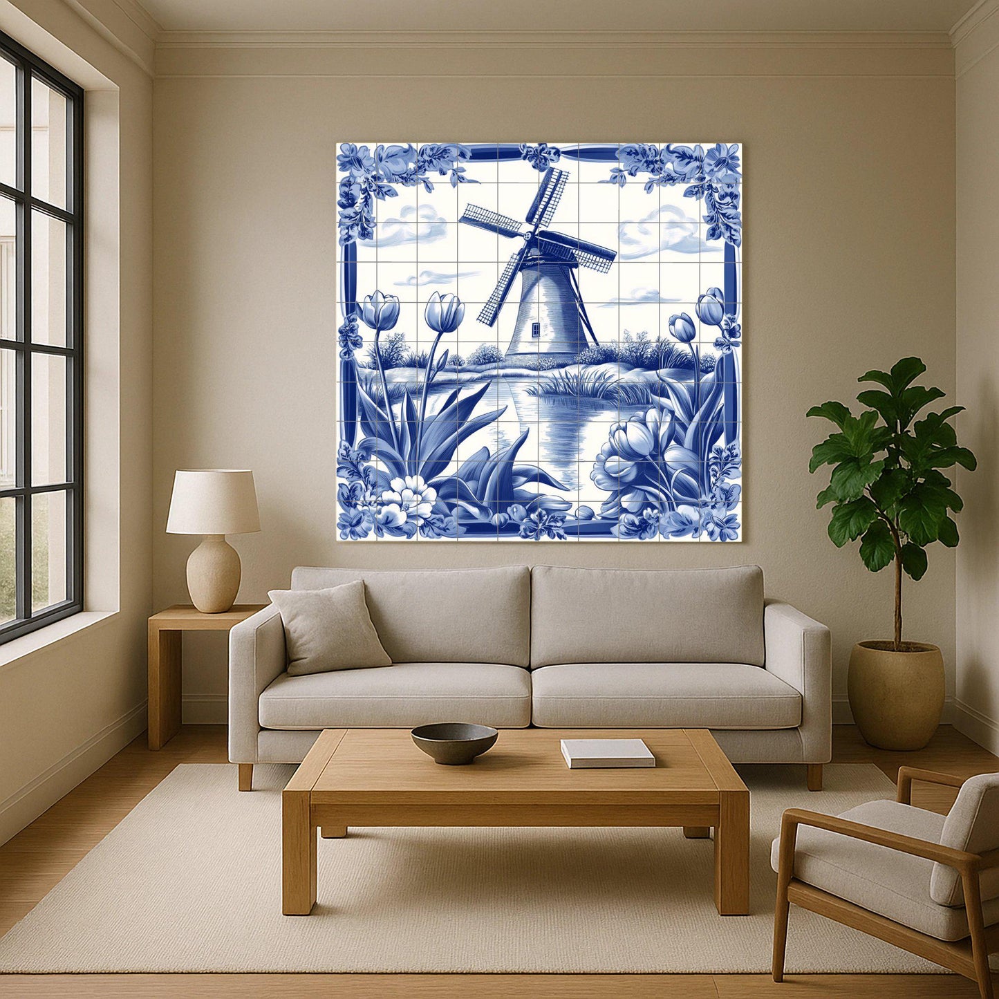 Dutch Delft blue ceramic mural: windmill and tulip scene with traditional floral borders