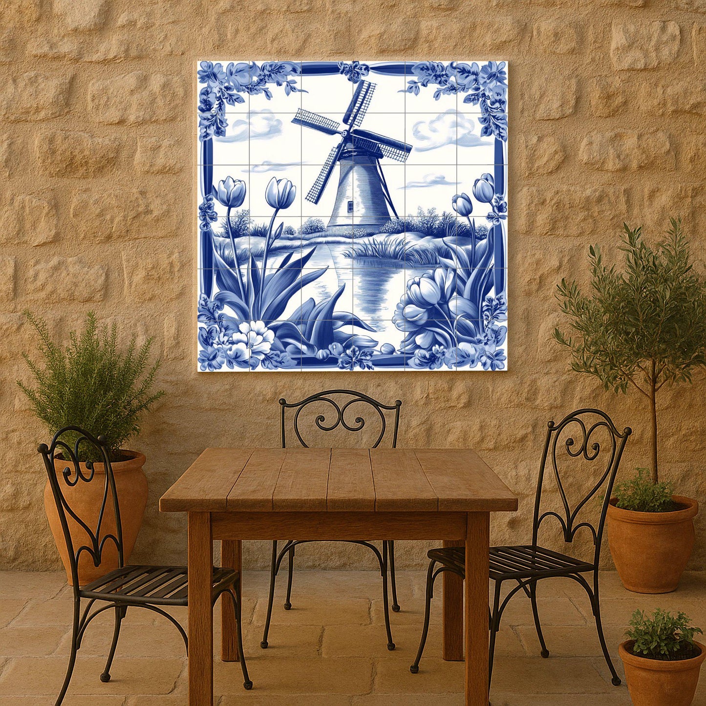 Dutch Delft blue ceramic mural: windmill and tulip scene with traditional floral borders