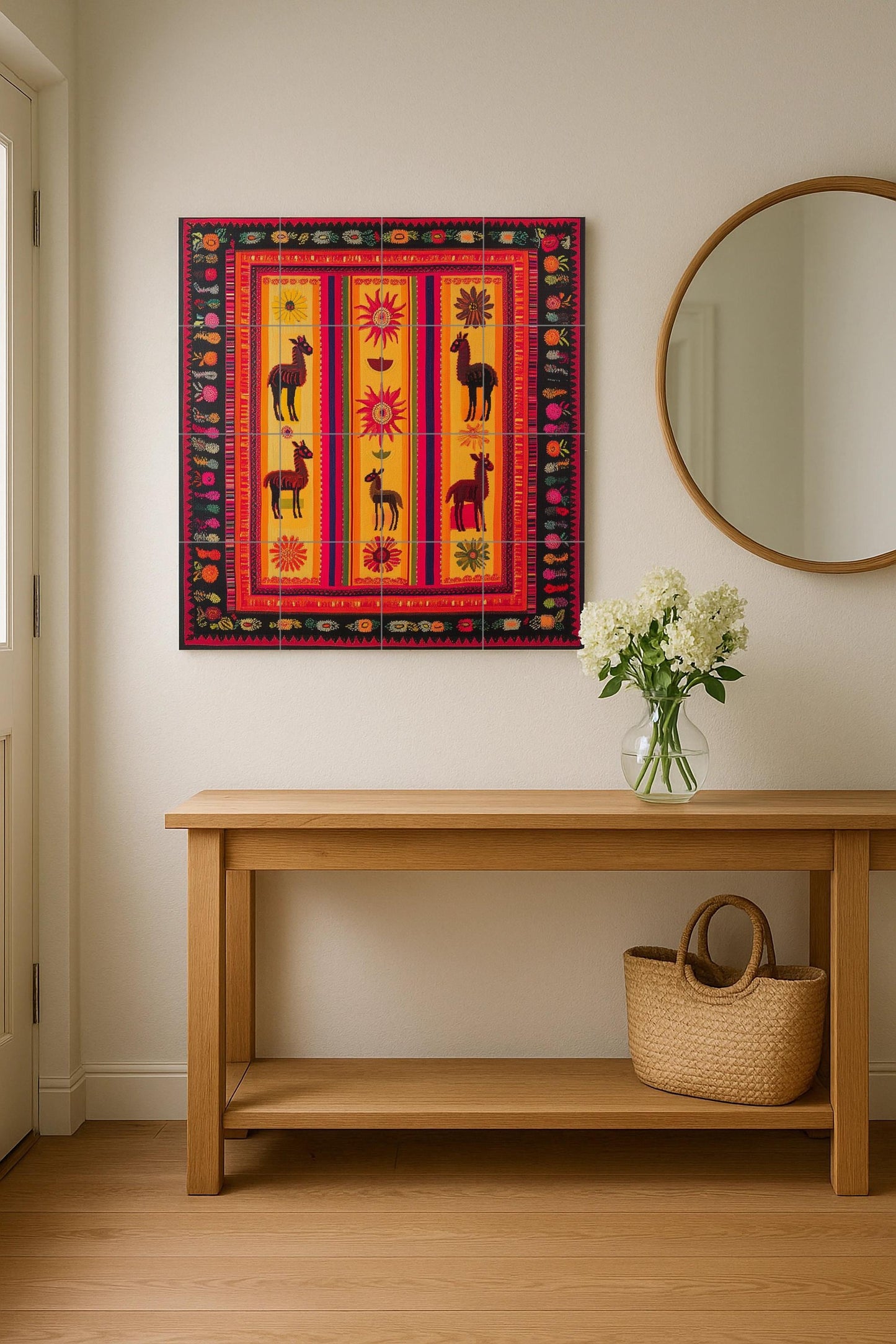 Ceramic mural of llamas and vibrant sun: Andean-inspired mural art in vibrant shades of red, orange, and gold.