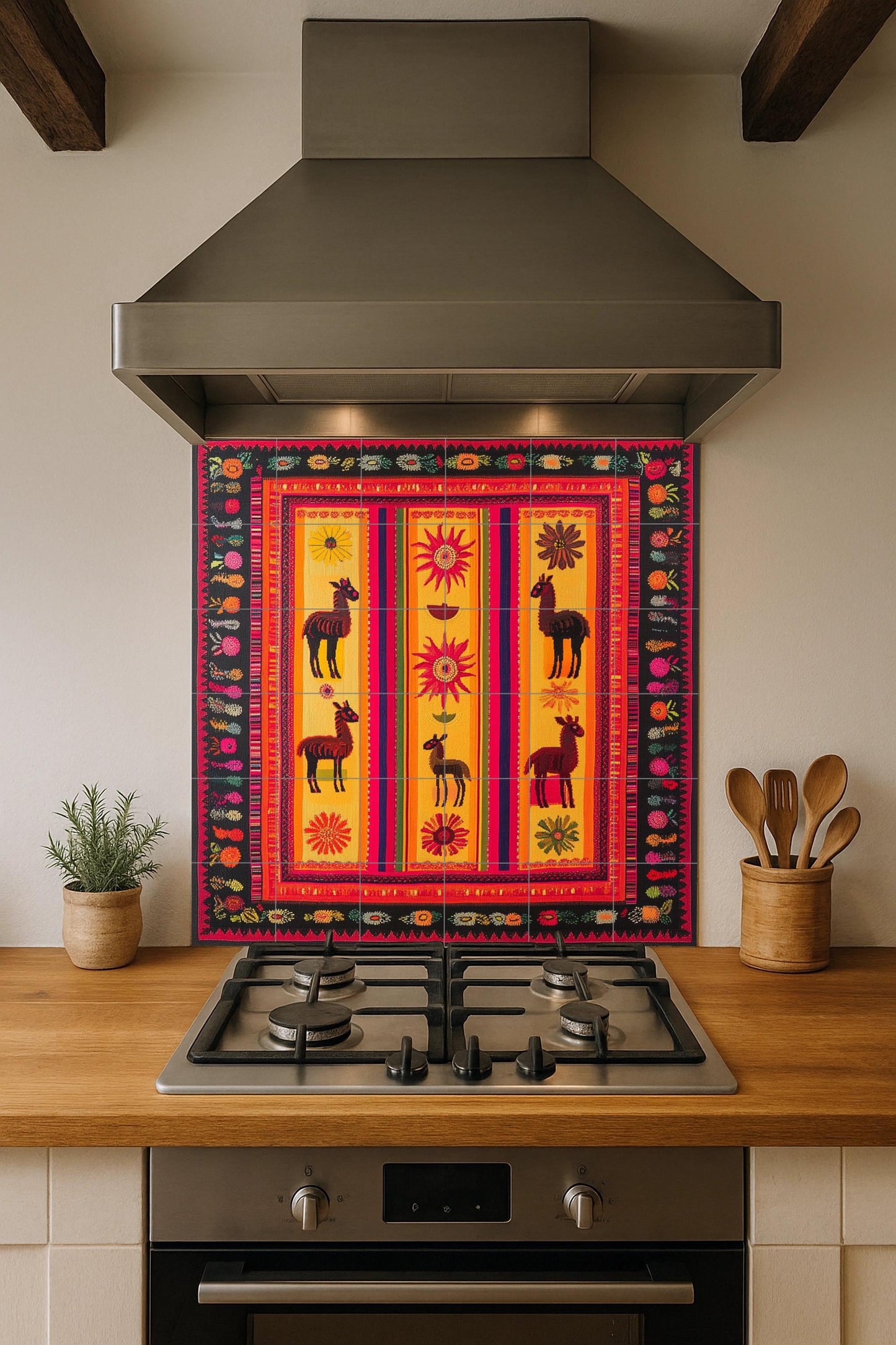 Ceramic mural of llamas and vibrant sun: Andean-inspired mural art in vibrant shades of red, orange, and gold.