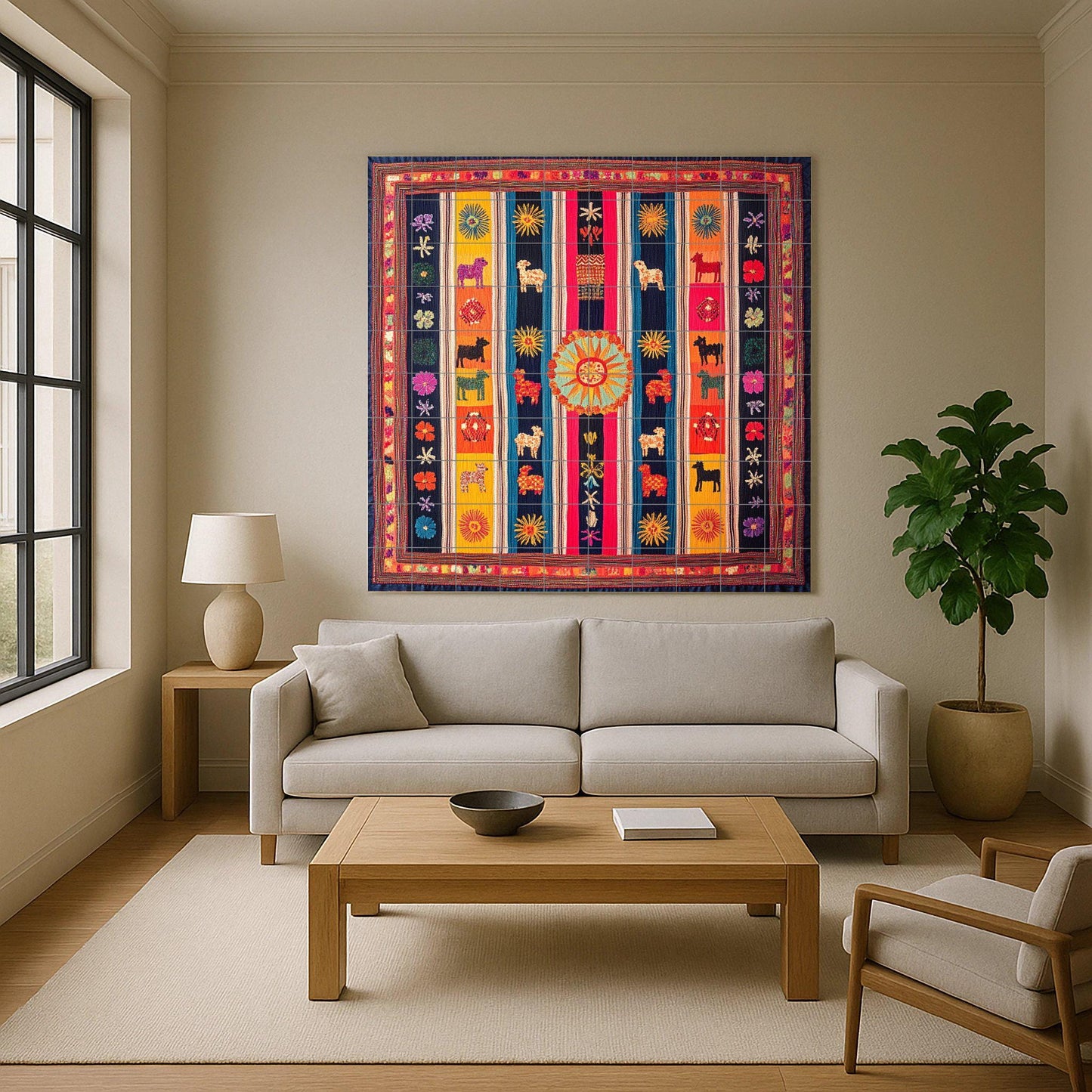 Ceramic mural from Otavalo, Ecuador: Tile art inspired by Andean textiles with llamas, solar motifs and colorful symmetry.