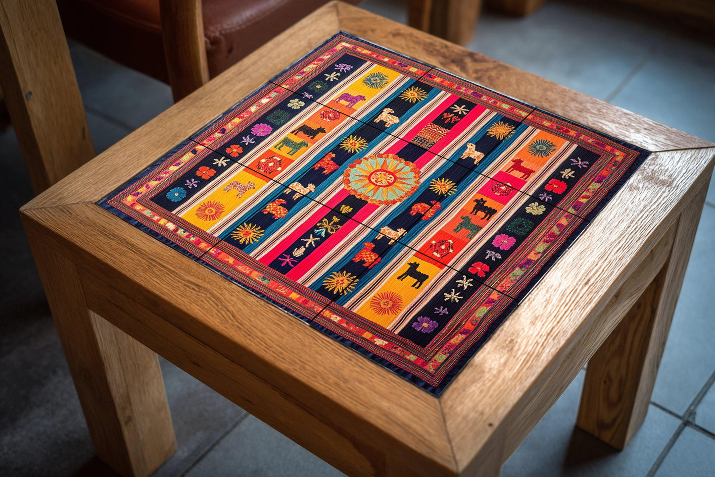 Ceramic mural from Otavalo, Ecuador: Tile art inspired by Andean textiles with llamas, solar motifs and colorful symmetry.