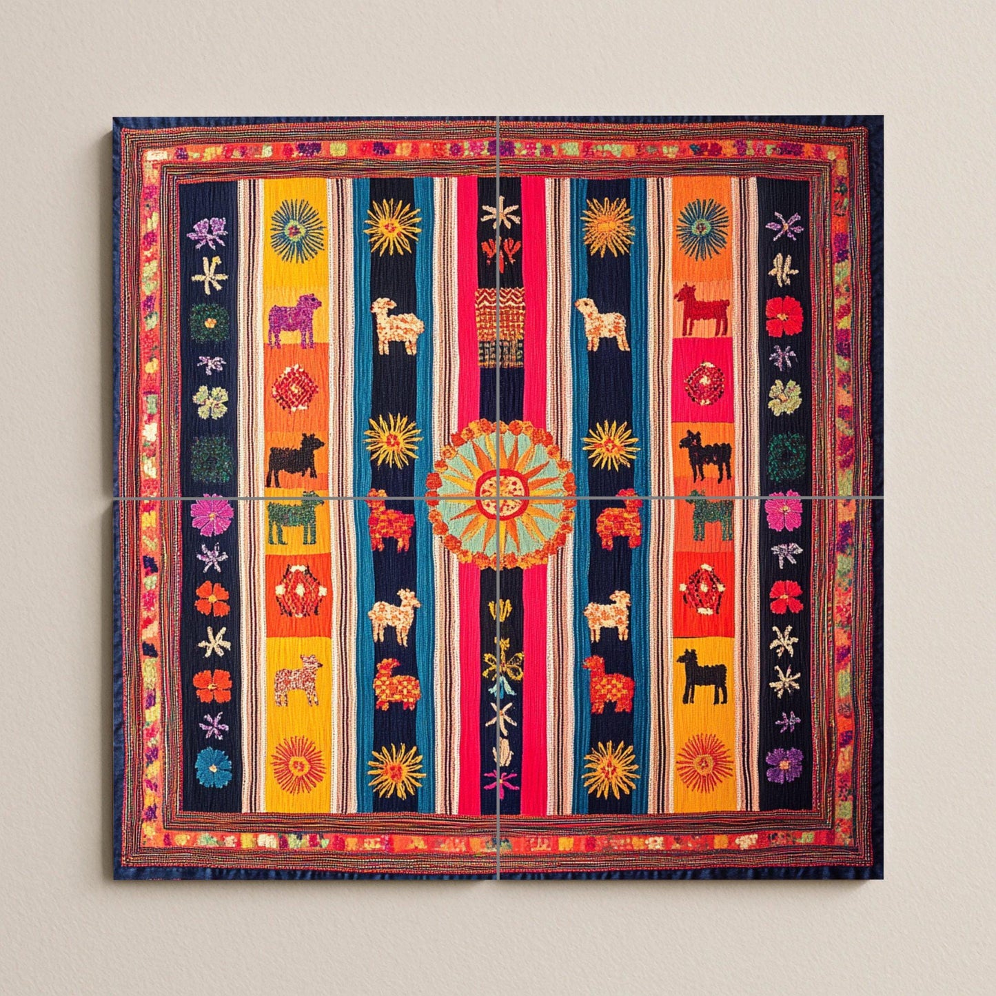 Ceramic mural from Otavalo, Ecuador: Tile art inspired by Andean textiles with llamas, solar motifs and colorful symmetry.
