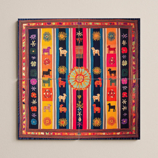 Ceramic mural from Otavalo, Ecuador: Tile art inspired by Andean textiles with llamas, solar motifs and colorful symmetry.