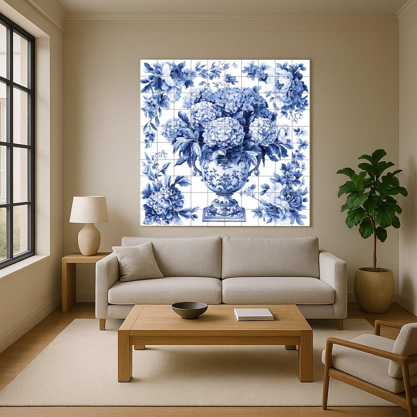 Delft Blue Ceramic Mural: Tile panel with an ornamental floral vase with hydrangeas and peonies, classic European decorative wall art.