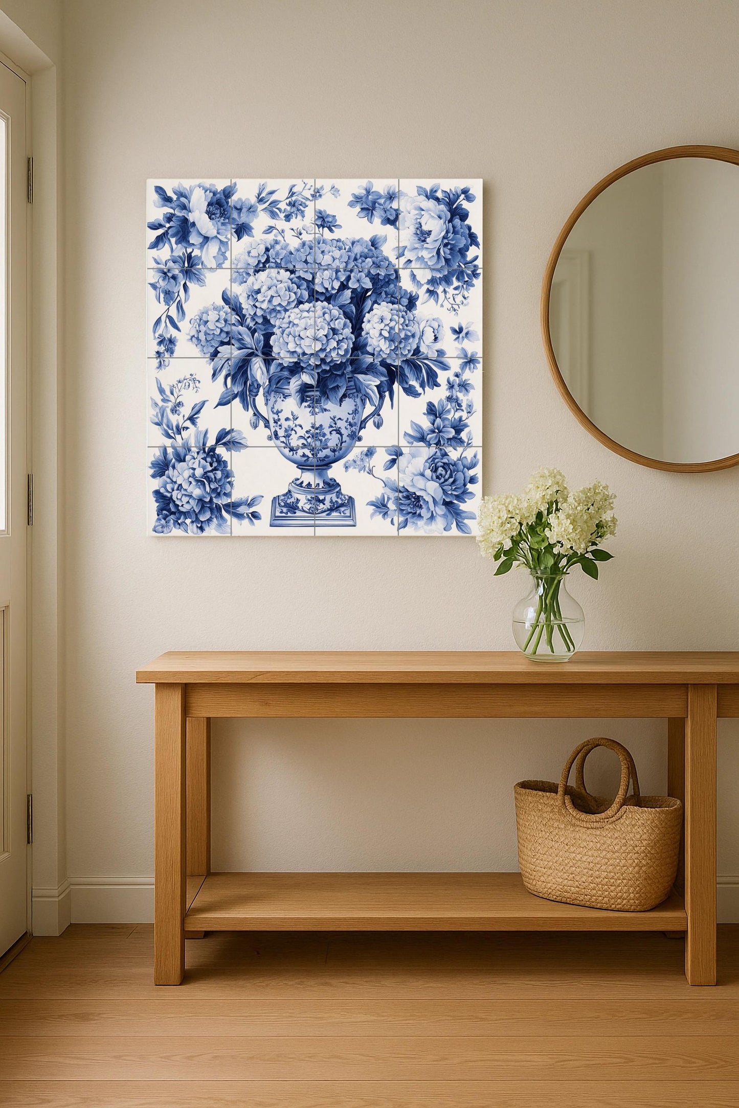 Delft Blue Ceramic Mural: Tile panel with an ornamental floral vase with hydrangeas and peonies, classic European decorative wall art.
