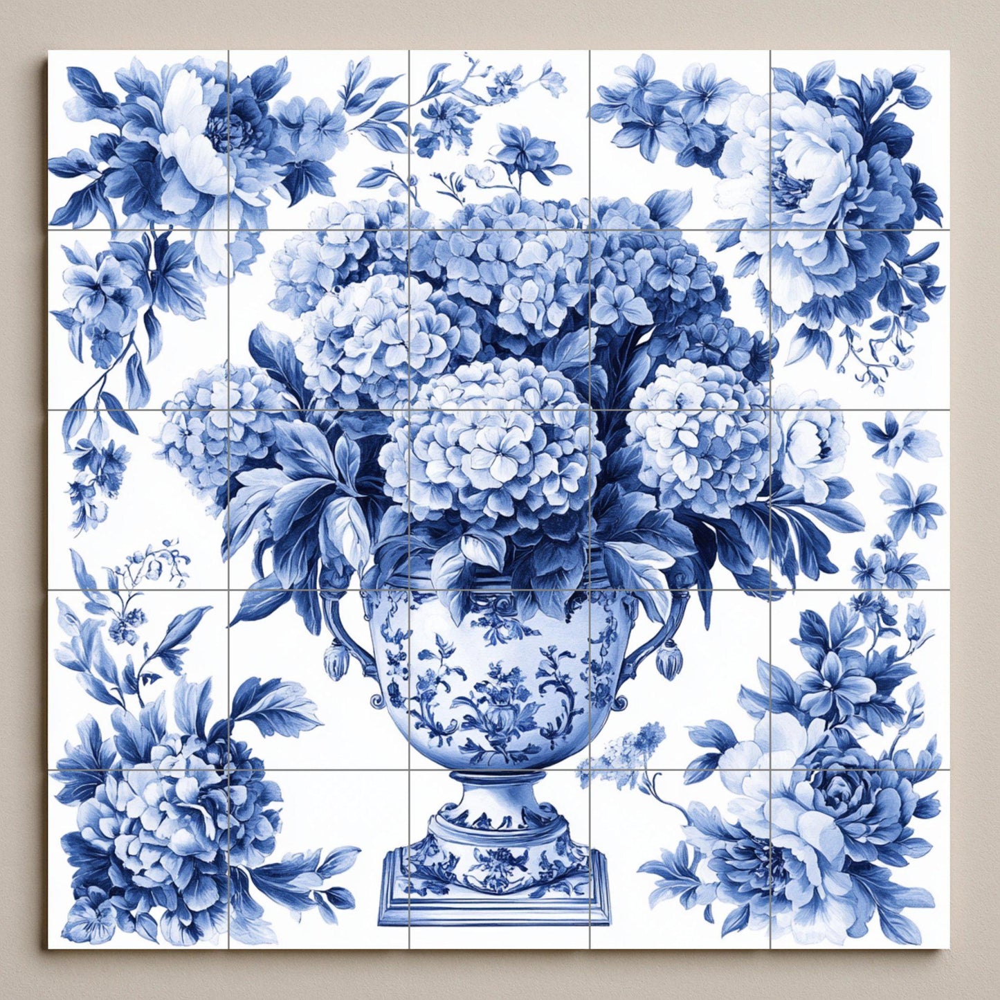 Delft Blue Ceramic Mural: Tile panel with an ornamental floral vase with hydrangeas and peonies, classic European decorative wall art.