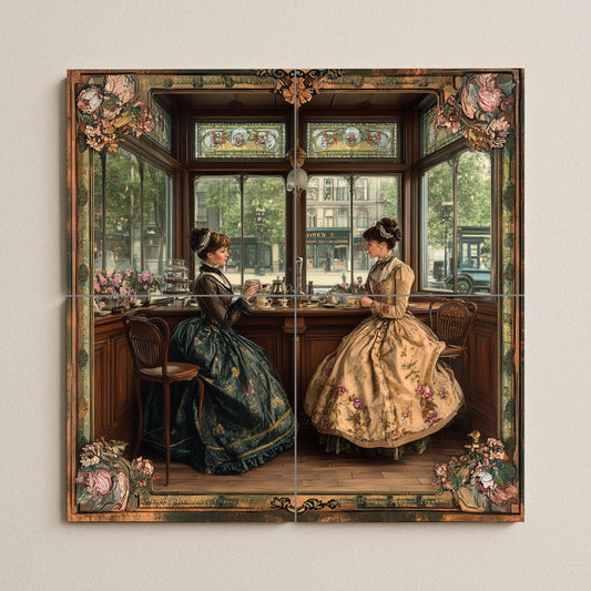 Victorian English tea room ceramic mural: Elegant ladies taking afternoon tea, vintage wall art with floral and ornamental frame.
