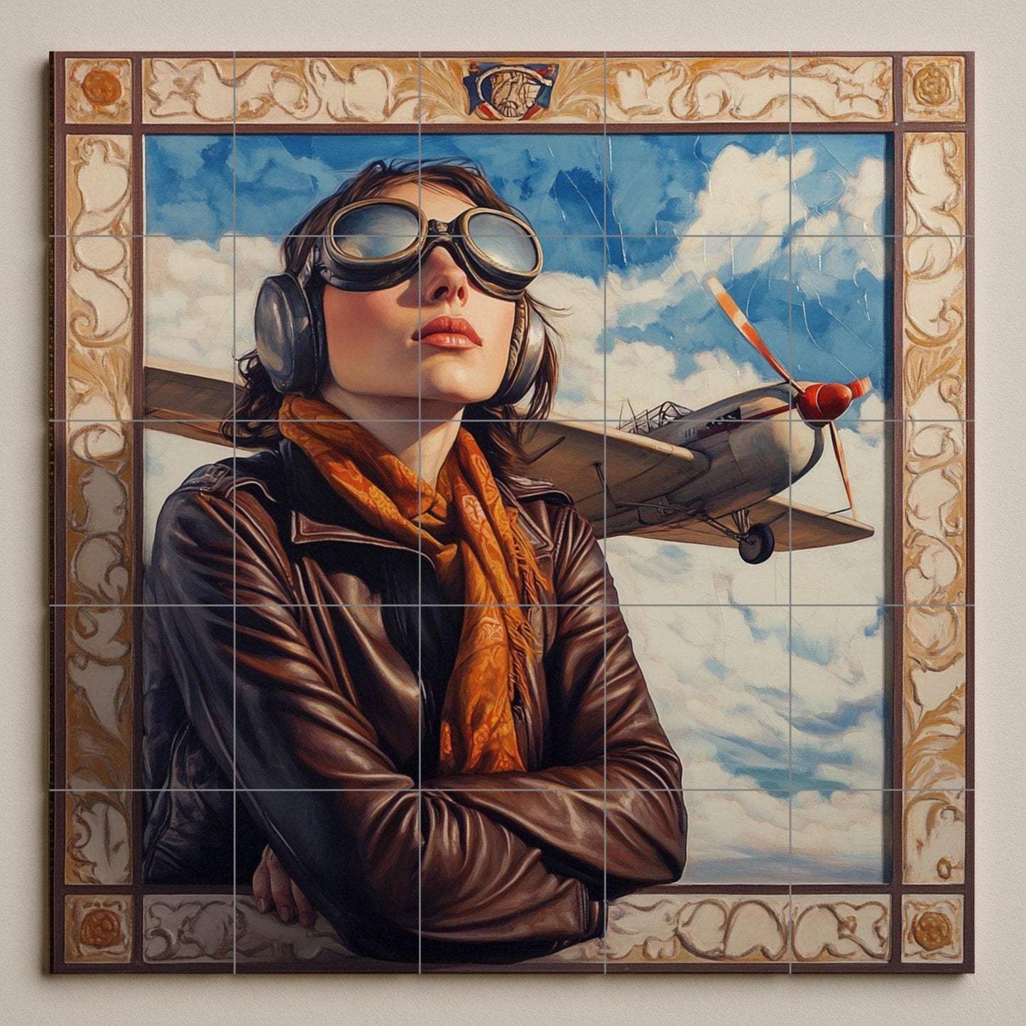 Aviation ceramic mural: Vintage pilot portrait with airplane and sky. Heroic retro aeronautical style mural art.