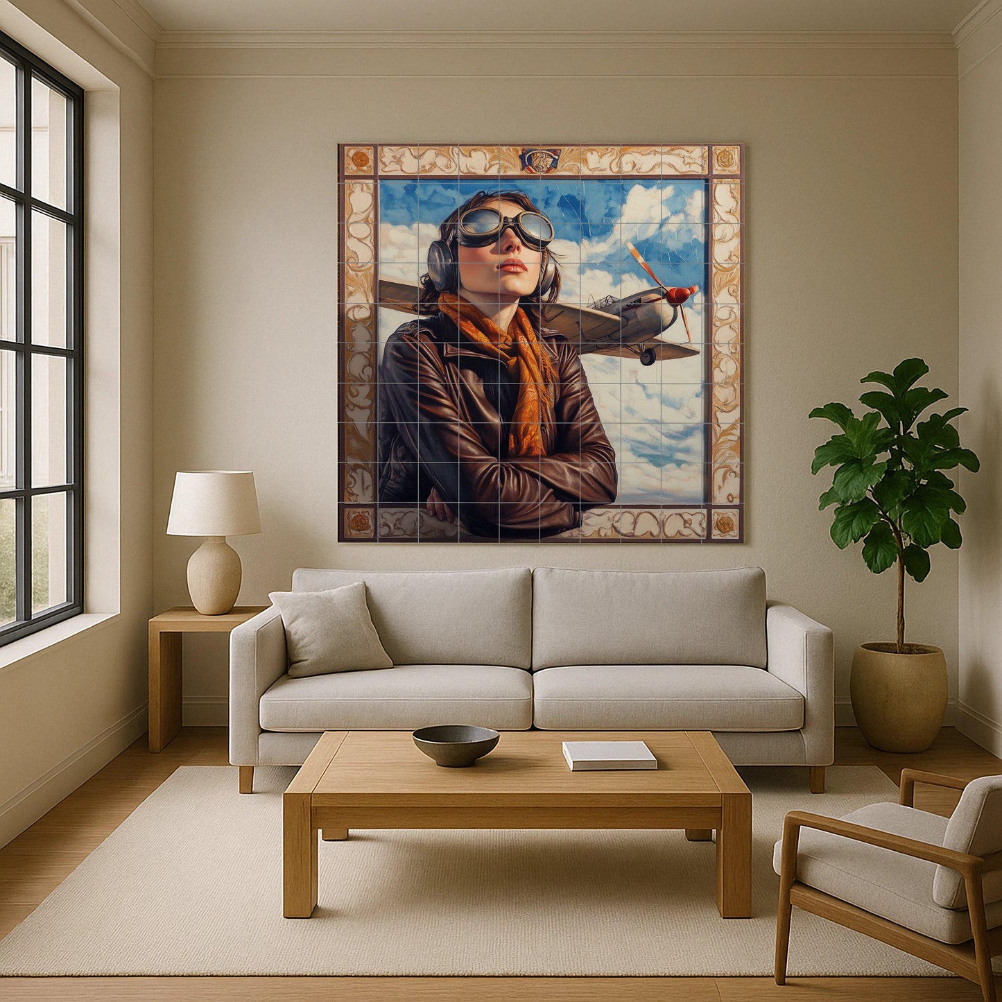 Aviation ceramic mural: Vintage pilot portrait with airplane and sky. Heroic retro aeronautical style mural art.