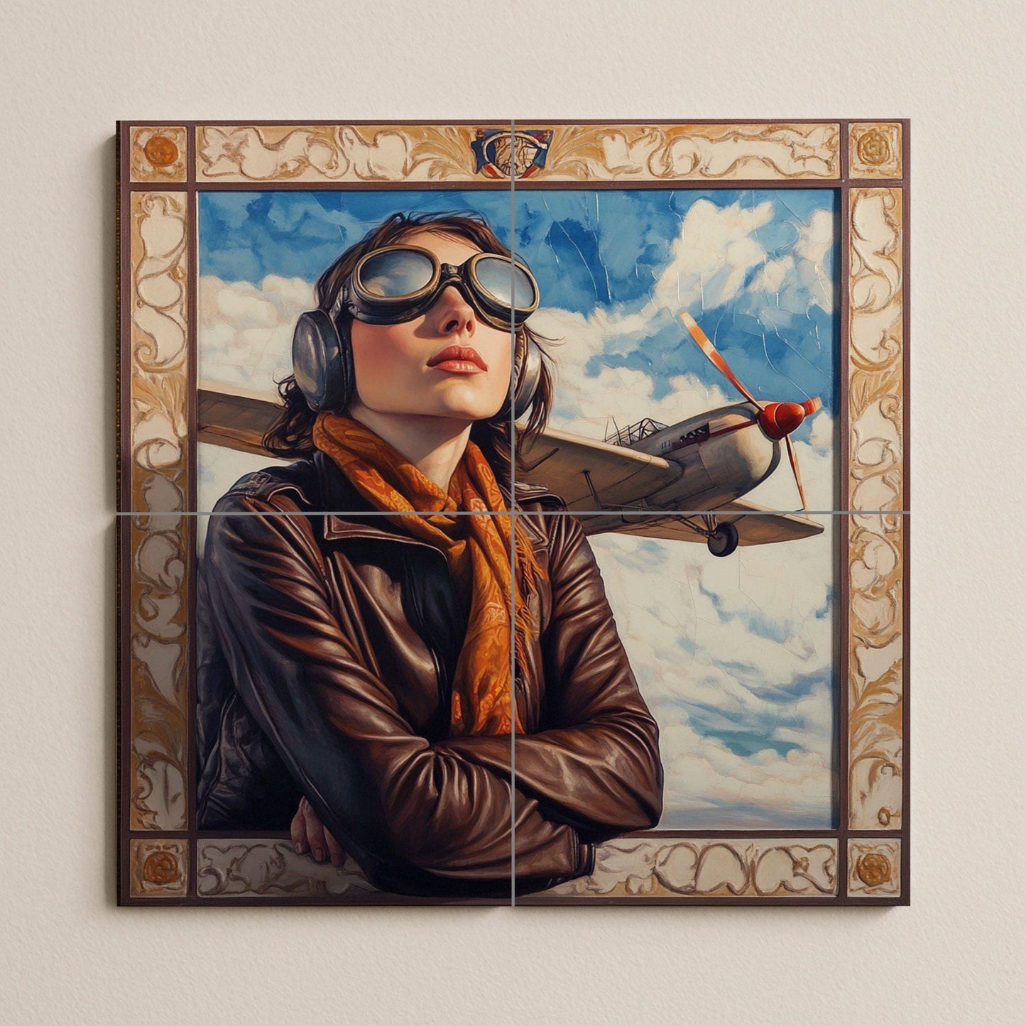 Aviation ceramic mural: Vintage pilot portrait with airplane and sky. Heroic retro aeronautical style mural art.
