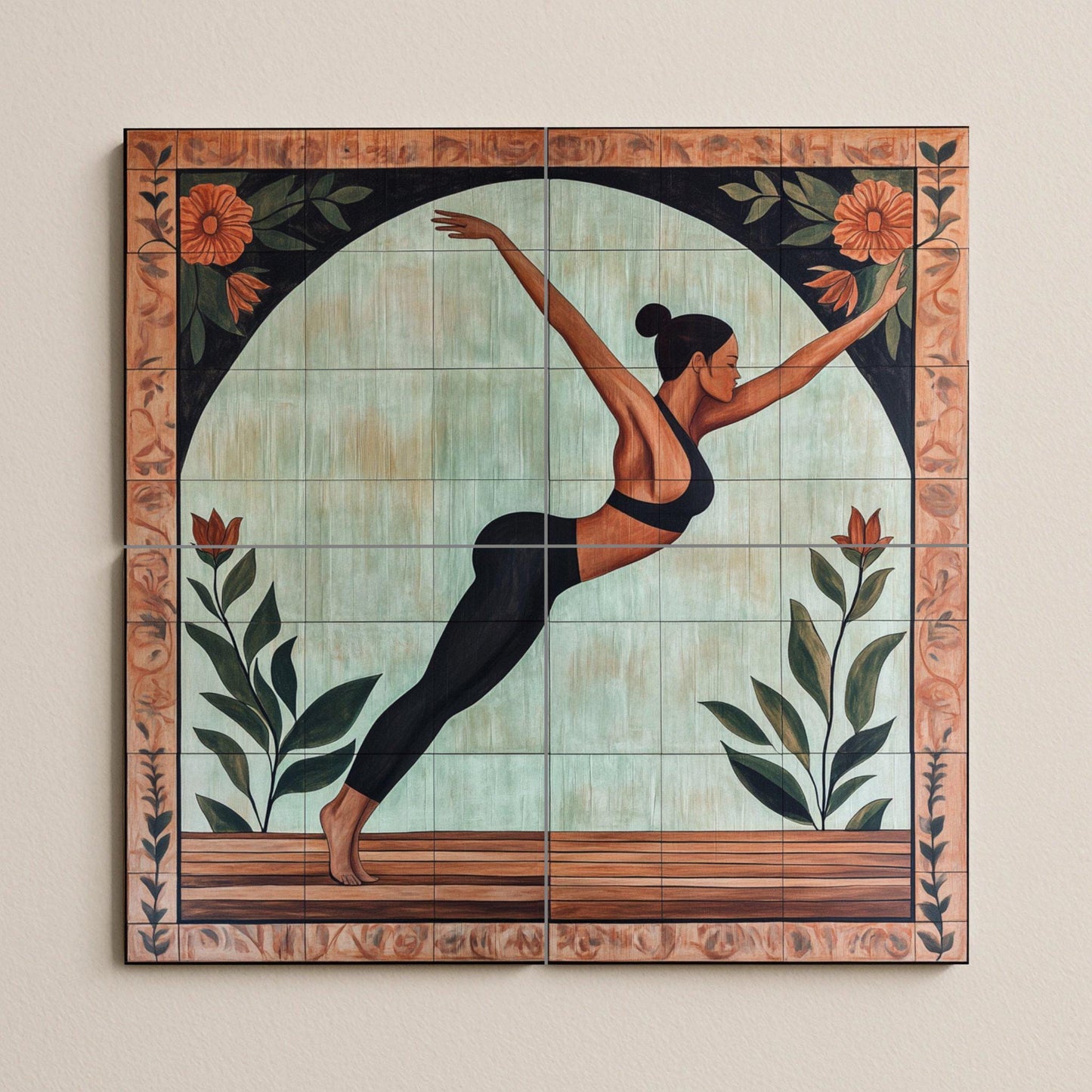 Ceramic yoga mural: artistic wellness tile panel with floral arch motif, conscious movement wall art in earthy and botanical tones.
