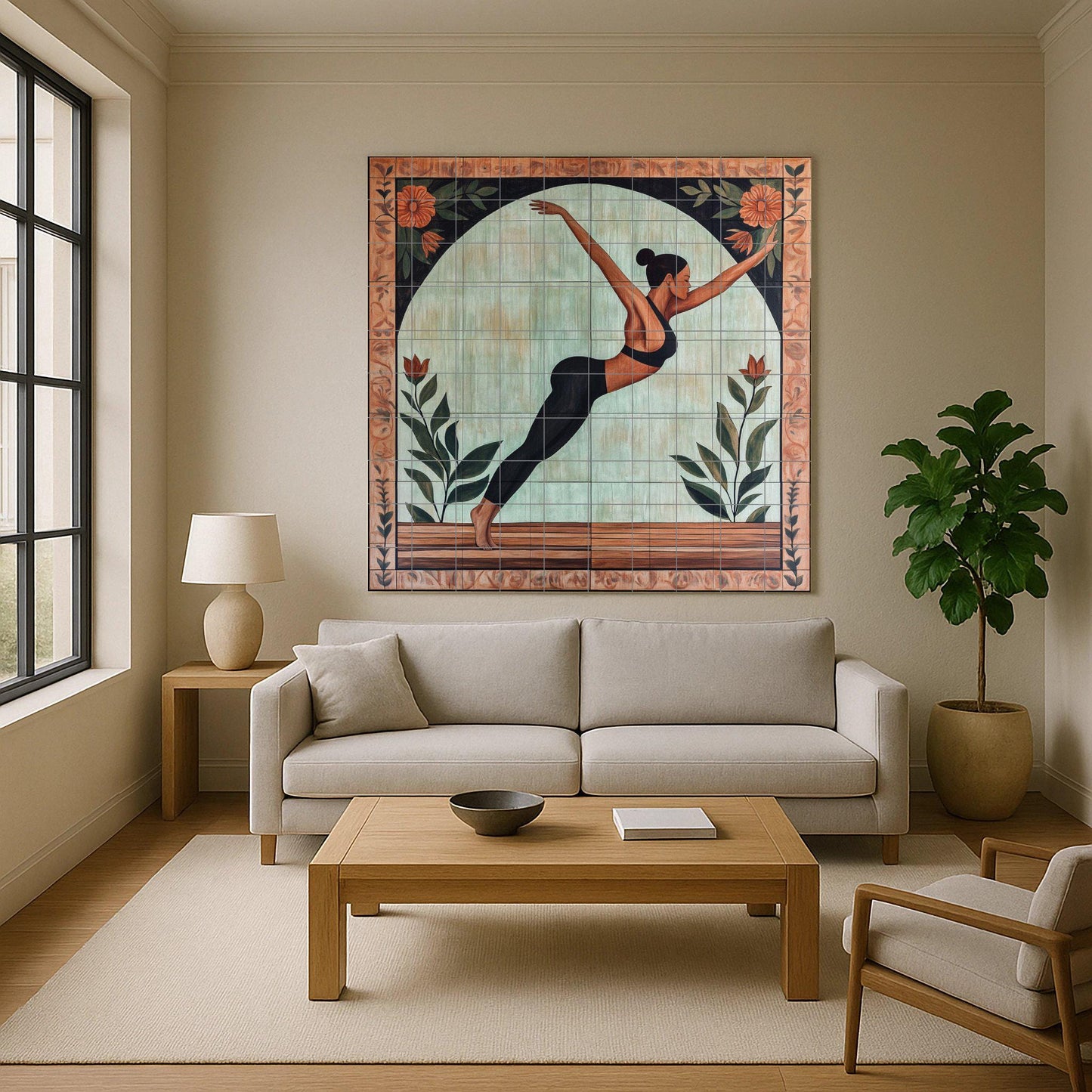 Ceramic yoga mural: artistic wellness tile panel with floral arch motif, conscious movement wall art in earthy and botanical tones.