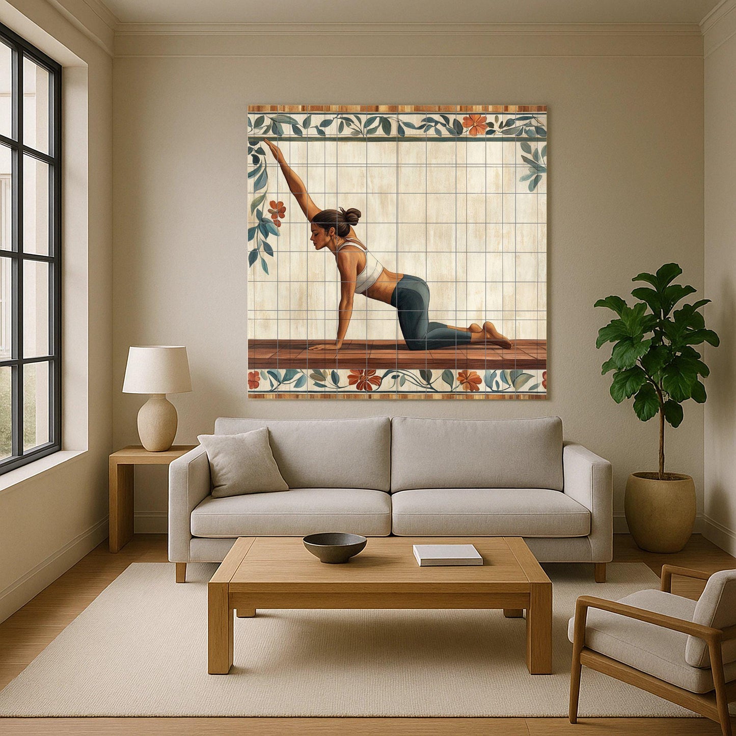 Ceramic yoga mural: tile art for serene well-being featuring a woman in an asana pose. Wall panel for a mindful lifestyle and tranquil environment.