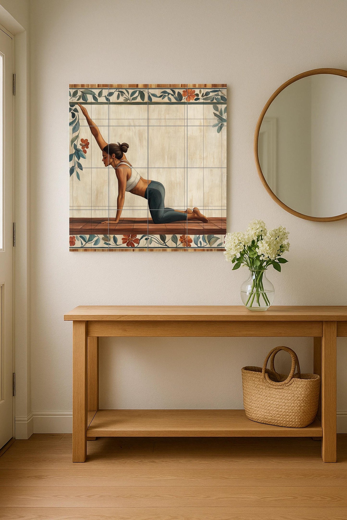 Ceramic yoga mural: tile art for serene well-being featuring a woman in an asana pose. Wall panel for a mindful lifestyle and tranquil environment.