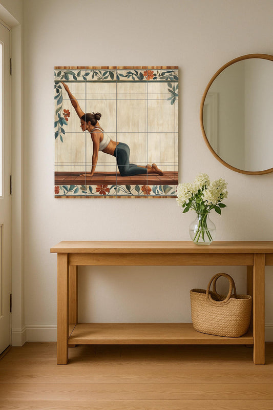 Ceramic yoga mural: tile art for serene well-being featuring a woman in an asana pose. Wall panel for a mindful lifestyle and tranquil environment.