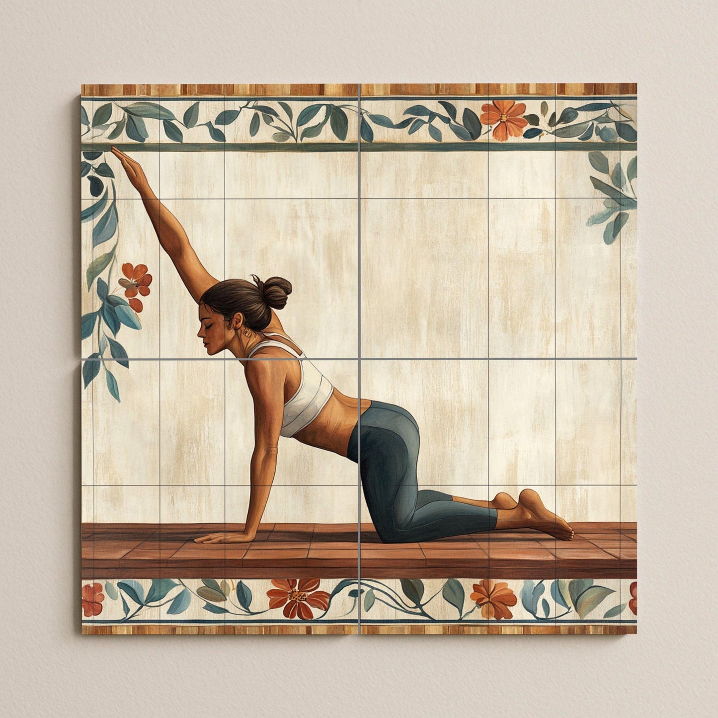 Ceramic yoga mural: tile art for serene well-being featuring a woman in an asana pose. Wall panel for a mindful lifestyle and tranquil environment.