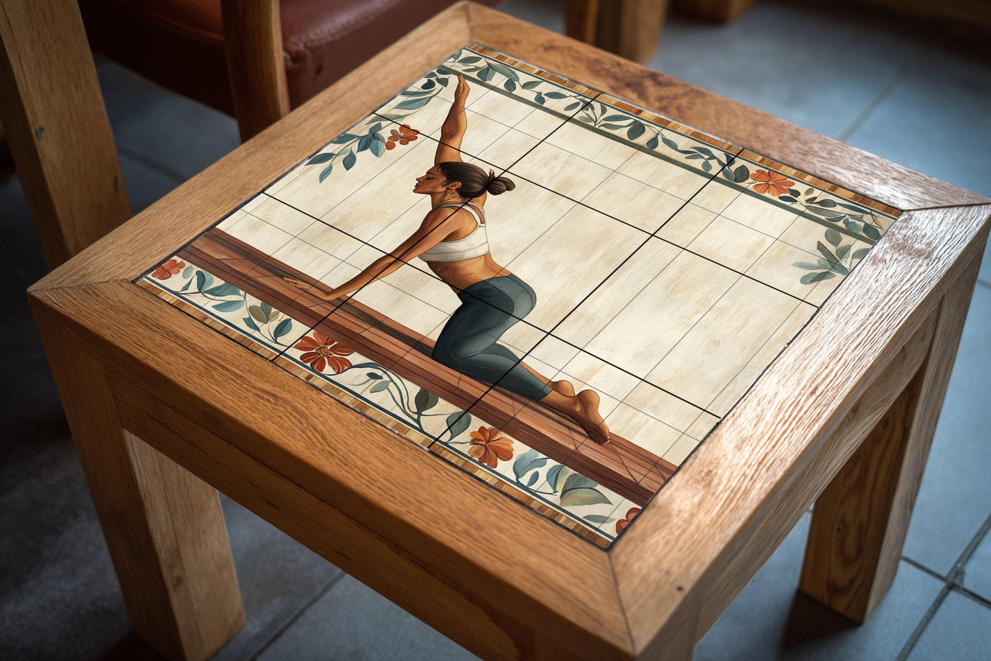 Ceramic yoga mural: tile art for serene well-being featuring a woman in an asana pose. Wall panel for a mindful lifestyle and tranquil environment.