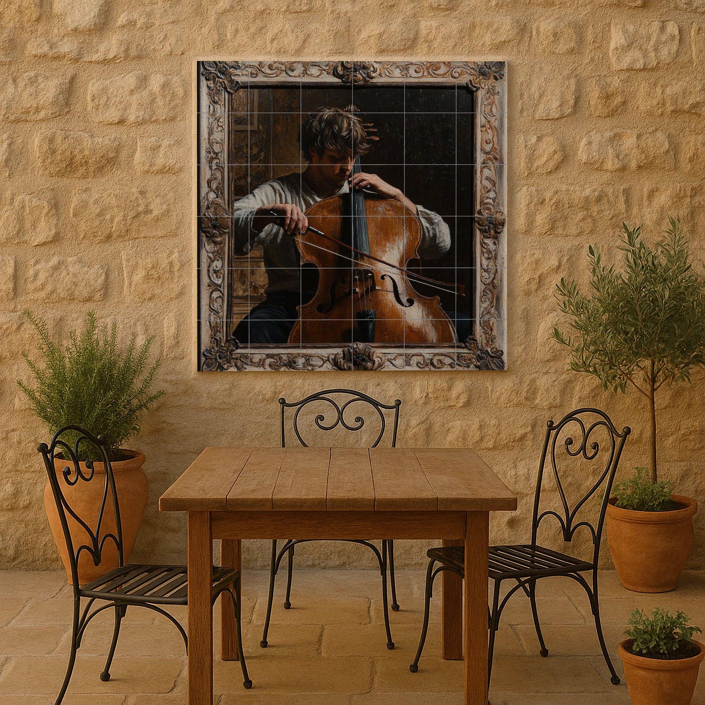 Classical Music Ceramic Mural: Romantic Cellist with Baroque Frame, European Art Inspired Wall Panel, Vintage Musical Artwork.