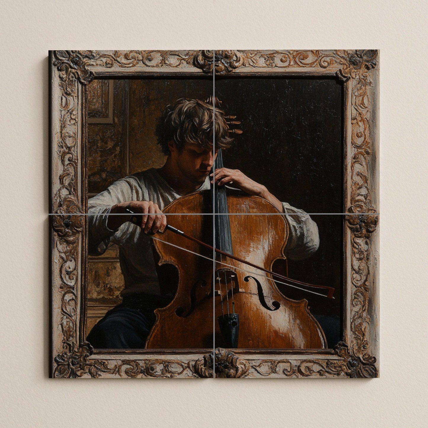 Classical Music Ceramic Mural: Romantic Cellist with Baroque Frame, European Art Inspired Wall Panel, Vintage Musical Artwork.