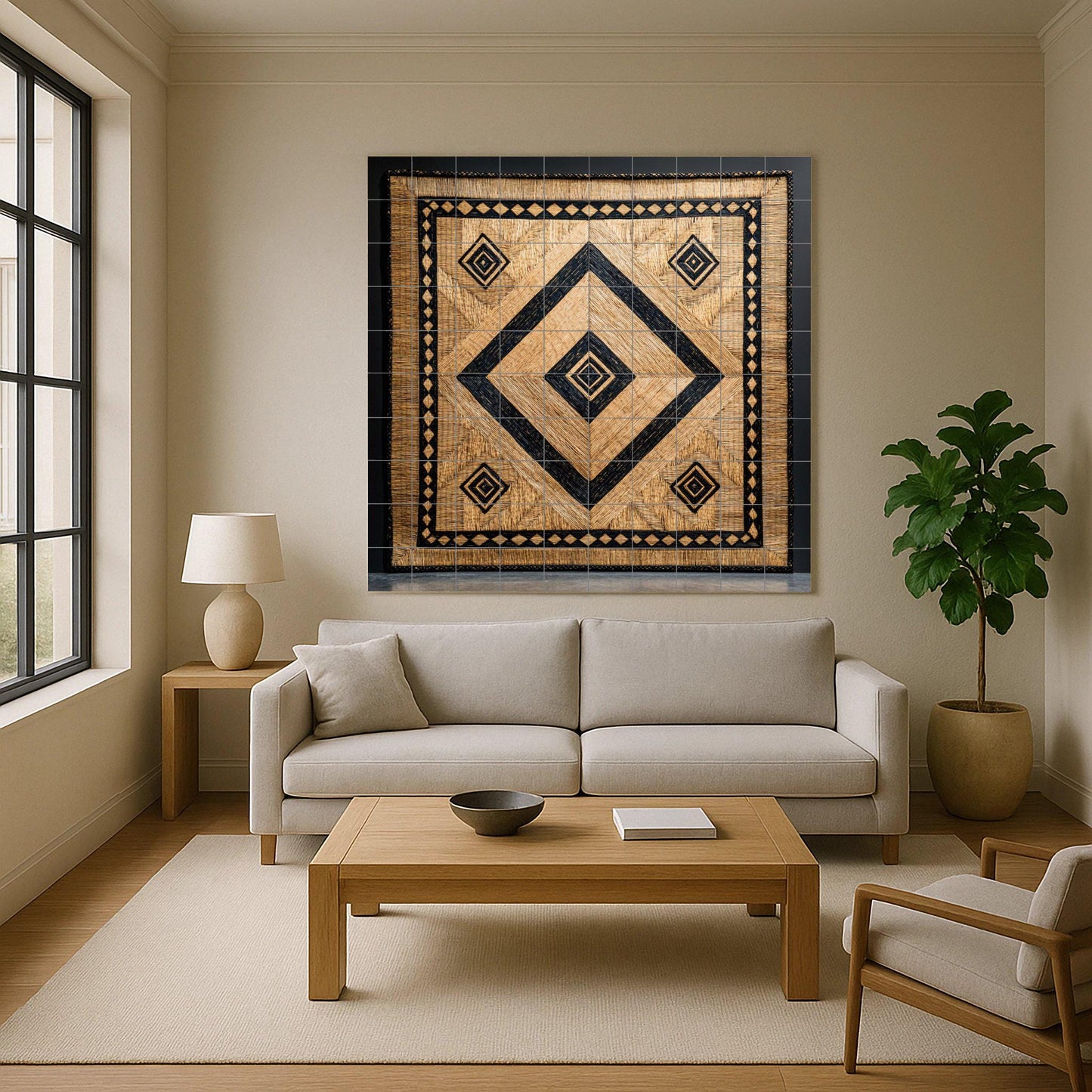 Balinese tropical ceramic mural: diamond pattern woven in natural palm with black details. Island-inspired wall art for luxury interiors.