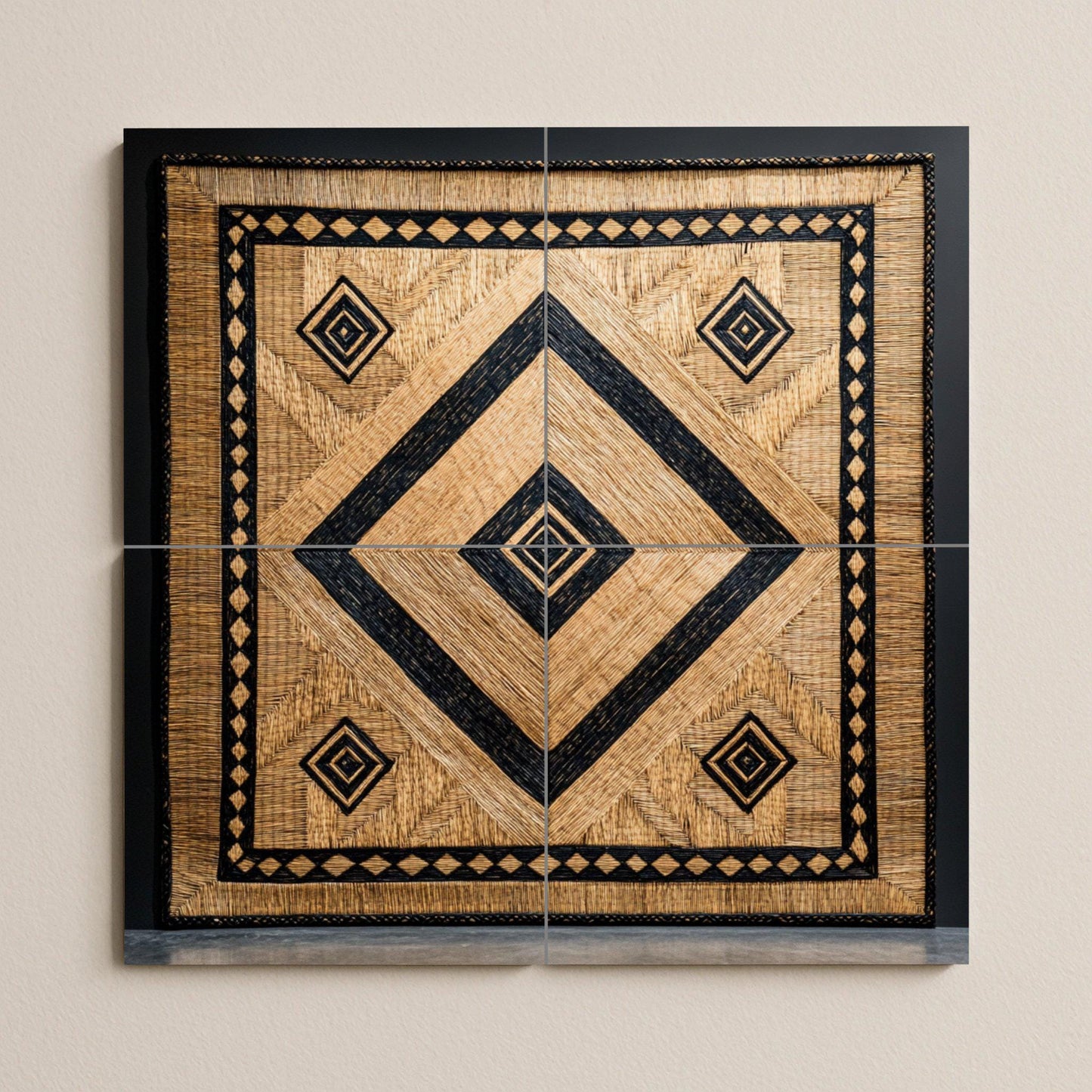 Balinese tropical ceramic mural: diamond pattern woven in natural palm with black details. Island-inspired wall art for luxury interiors.