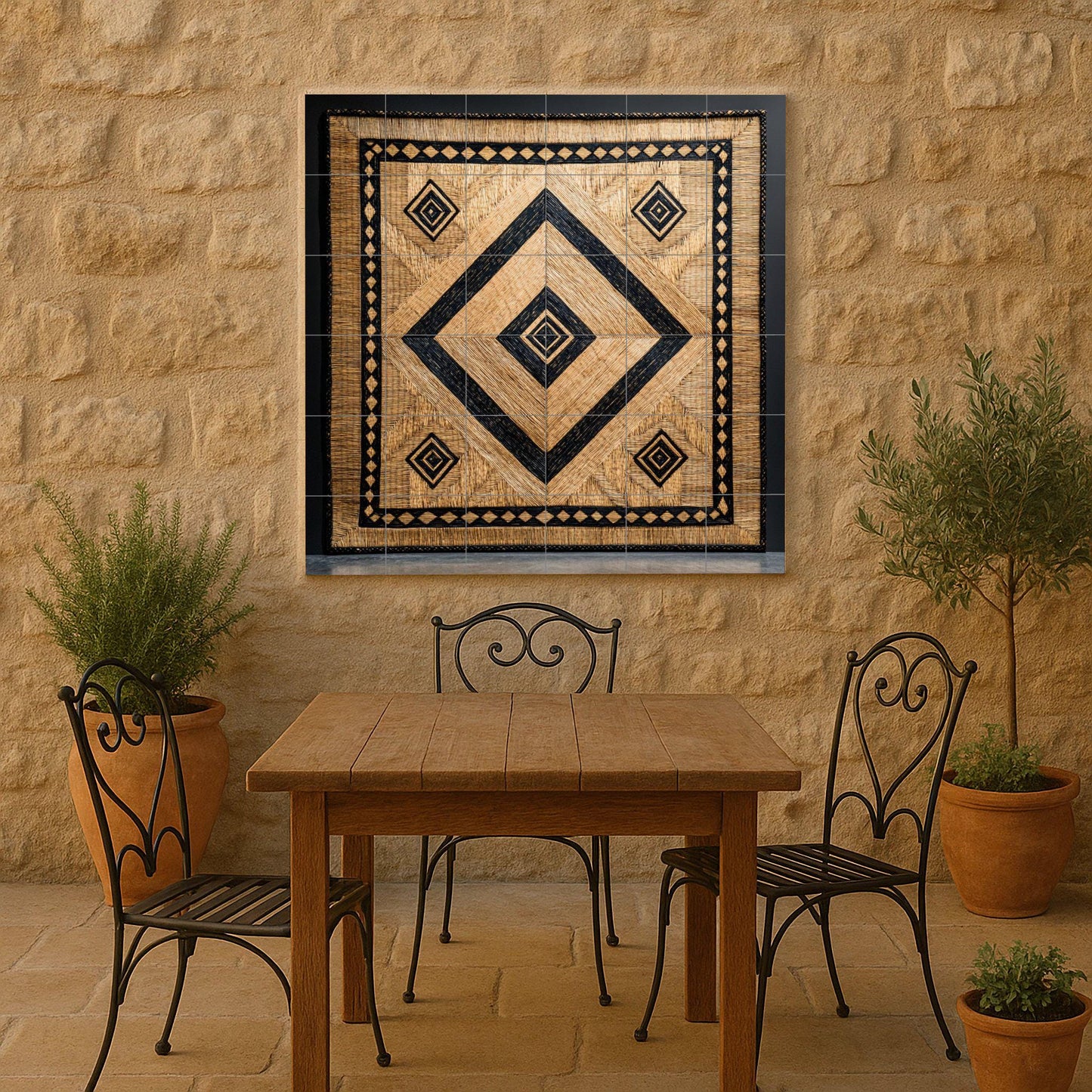 Balinese tropical ceramic mural: diamond pattern woven in natural palm with black details. Island-inspired wall art for luxury interiors.